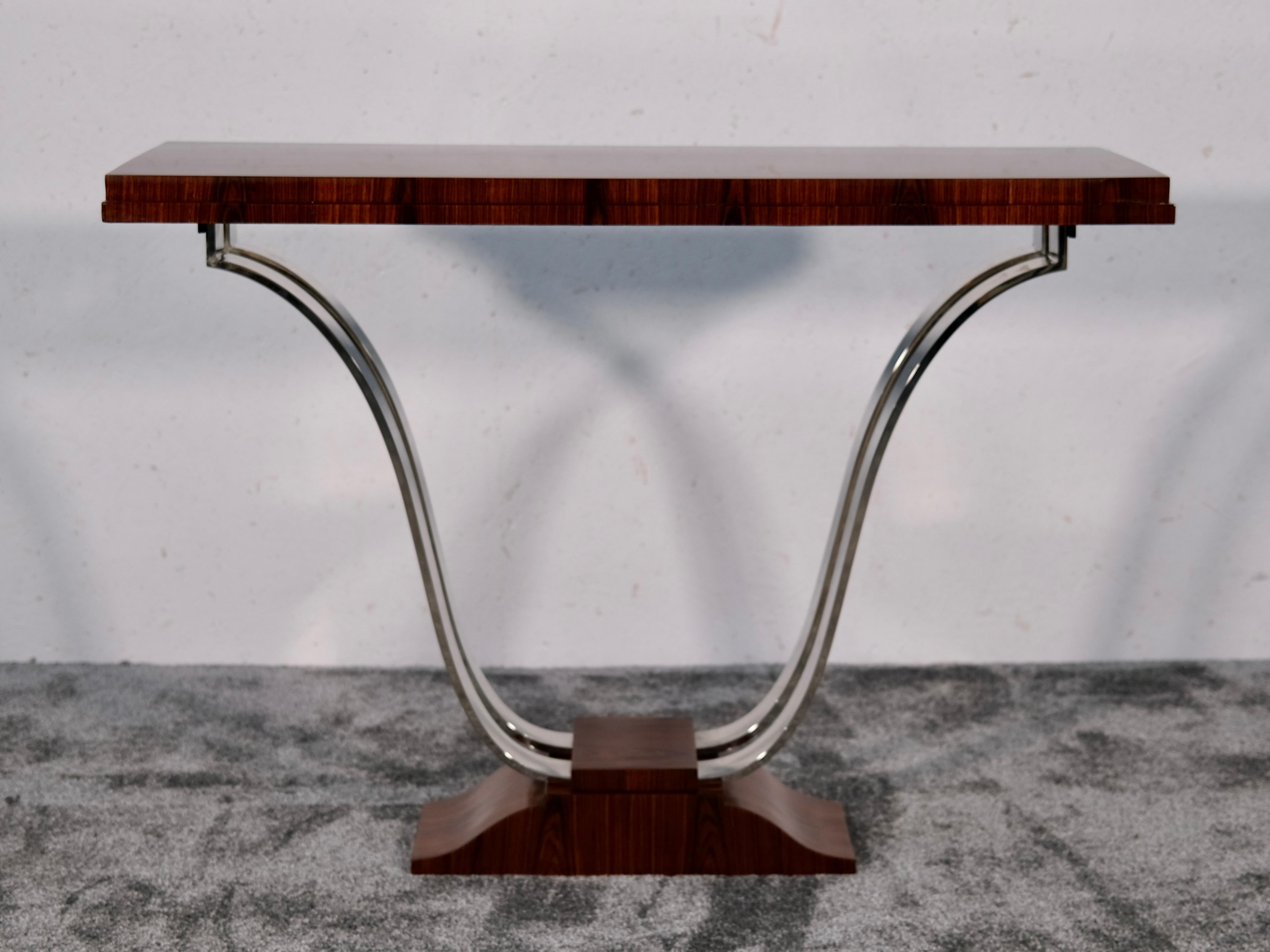 Mesa Consola Art Decó de Madera con Patas Cromadas y Acabado Shellac, Francia Años 30 Francés en venta