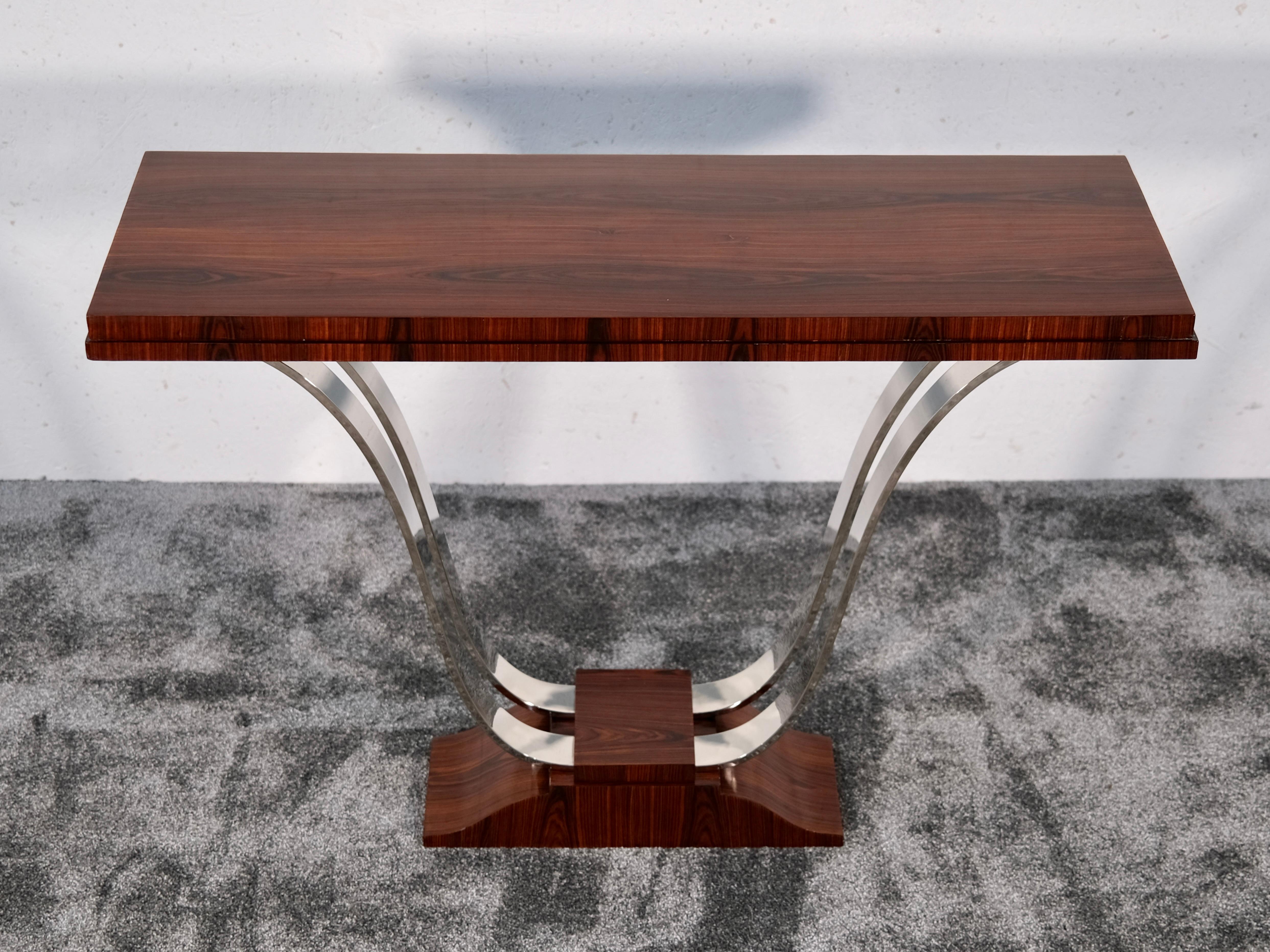 Mesa Consola Art Decó de Madera con Patas Cromadas y Acabado Shellac, Francia Años 30 Pulido en venta