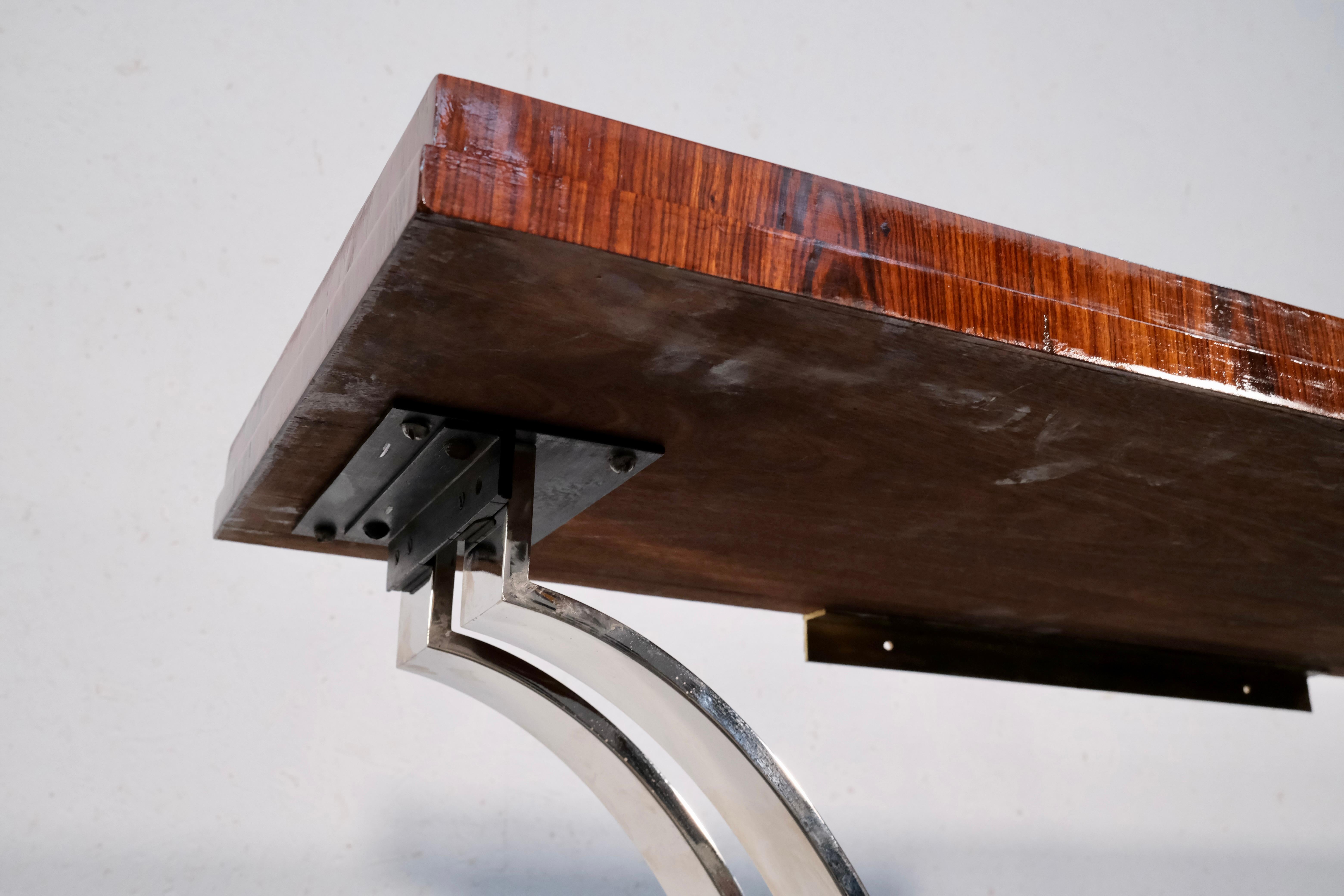 Mesa Consola Art Decó de Madera con Patas Cromadas y Acabado Shellac, Francia Años 30 en venta 1