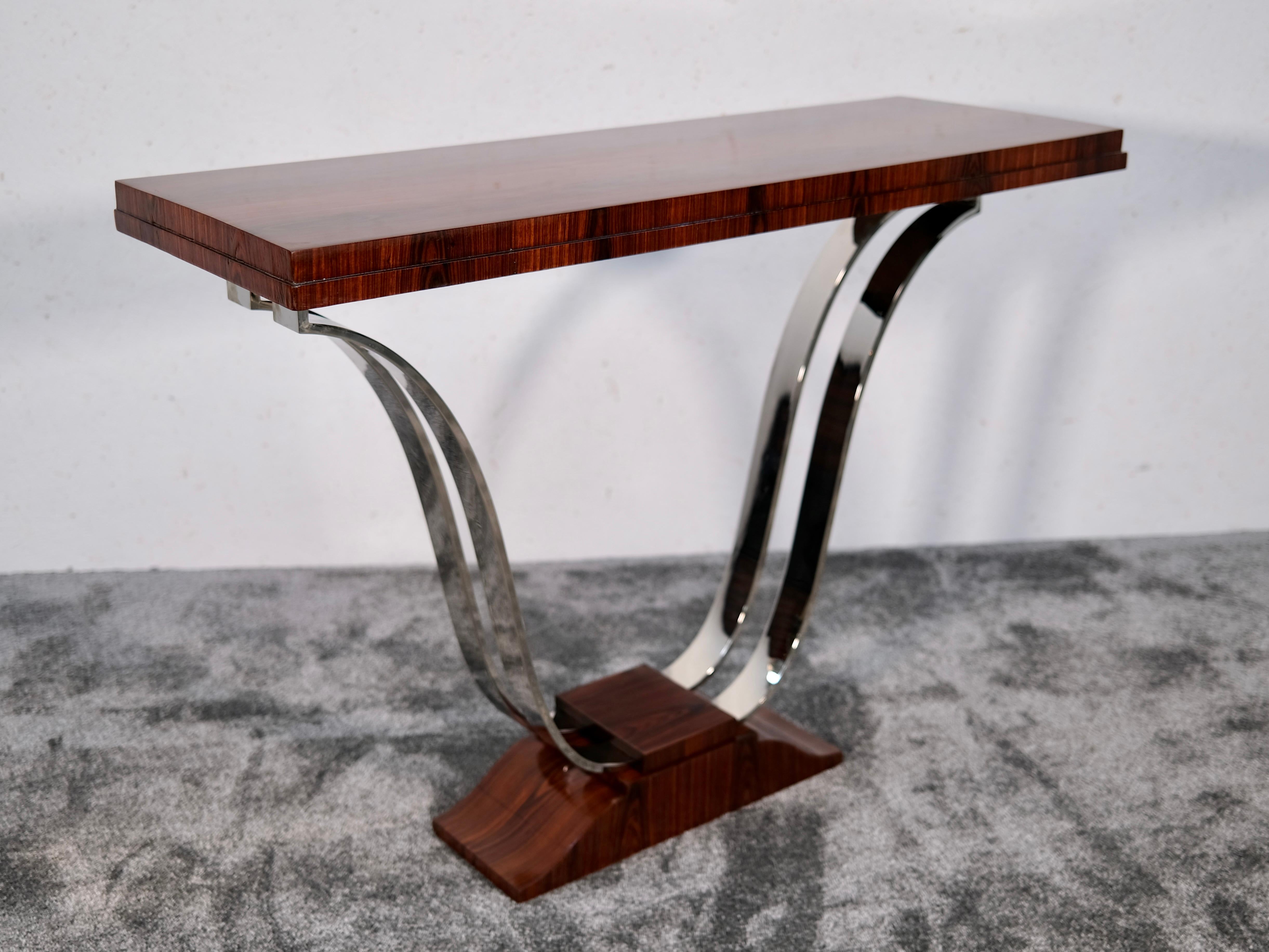 Mesa Consola Art Decó de Madera con Patas Cromadas y Acabado Shellac, Francia Años 30 en venta 2