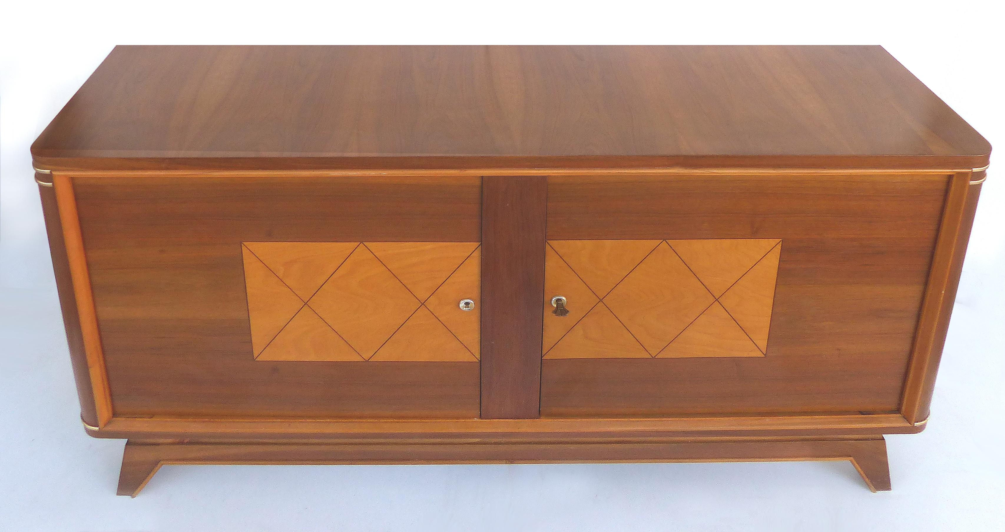 American Wooden Art Deco Credenza with Two-Tone Pattern Doors