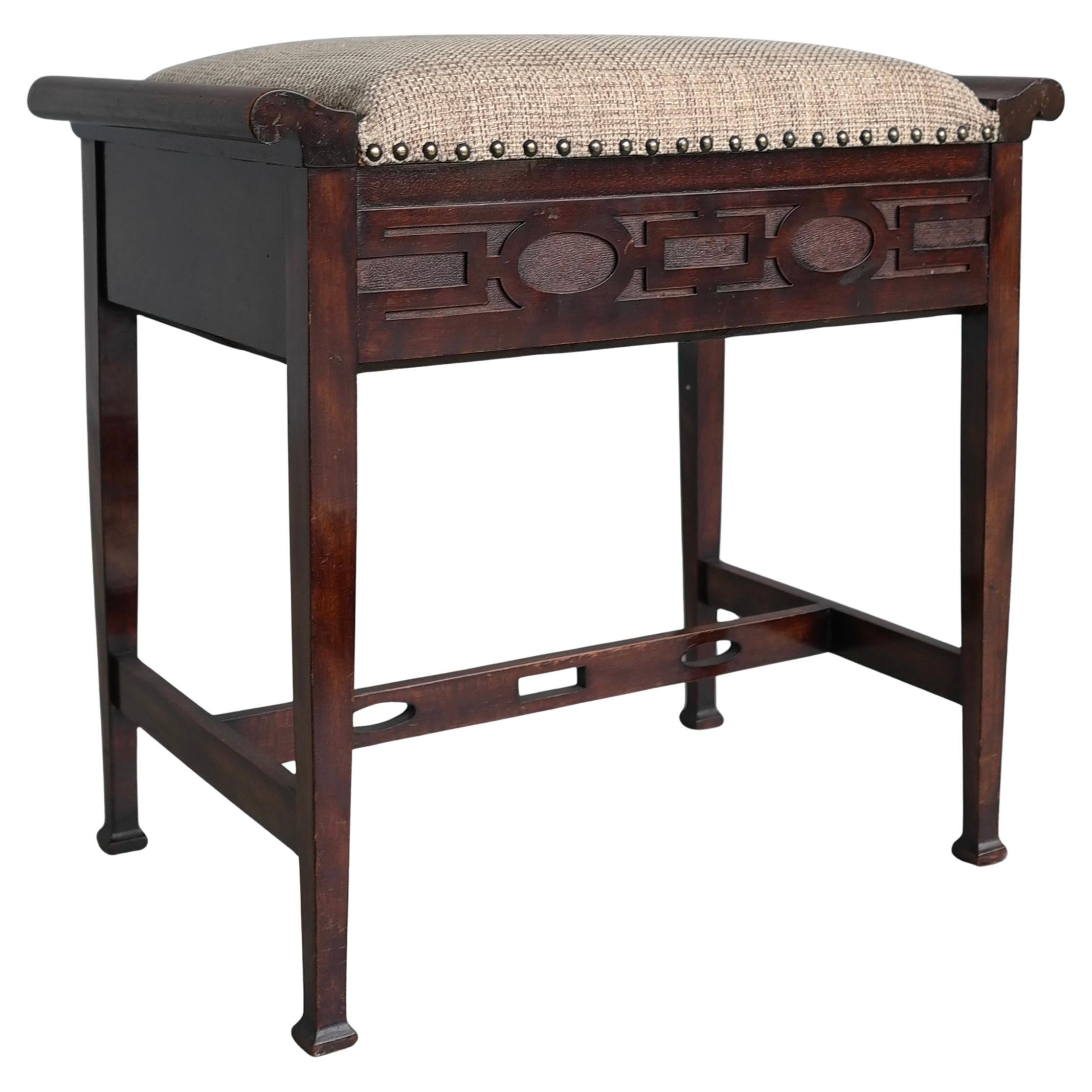 Wooden Arts and crafts Jugenstil Piano Stool with hidden storage and Fabric seat