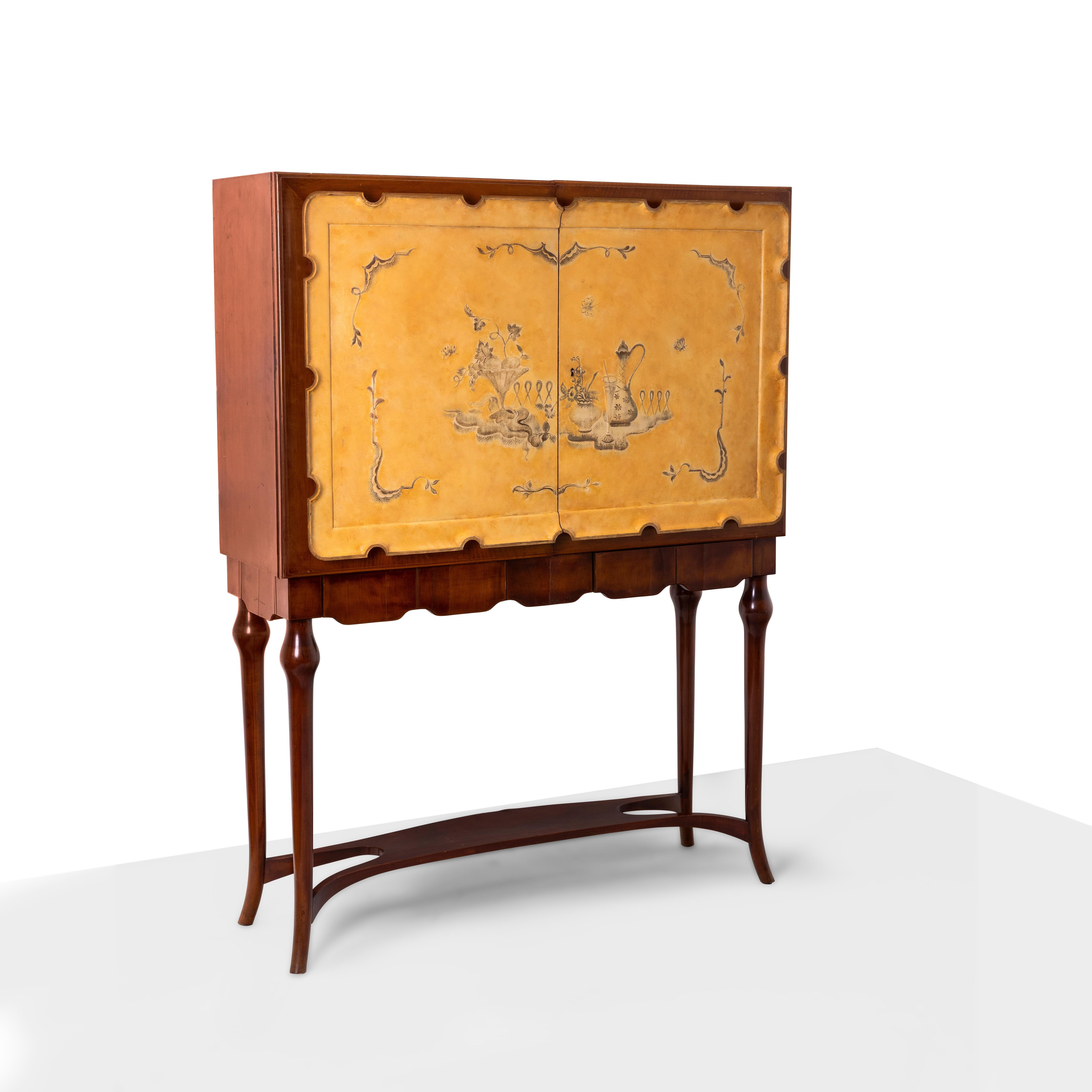 Rare wooden bar cabinet with polychrome enamel wall decoration in the shape of flowers. It is a piece of furniture that can be used in a dining room as a bar cabinet or in a kitchen as a larder, to be included in a décor that will enhance its beauty