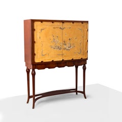 Wooden Bar Cabinet with Enamel Doors Decorated with Floral Motifs
