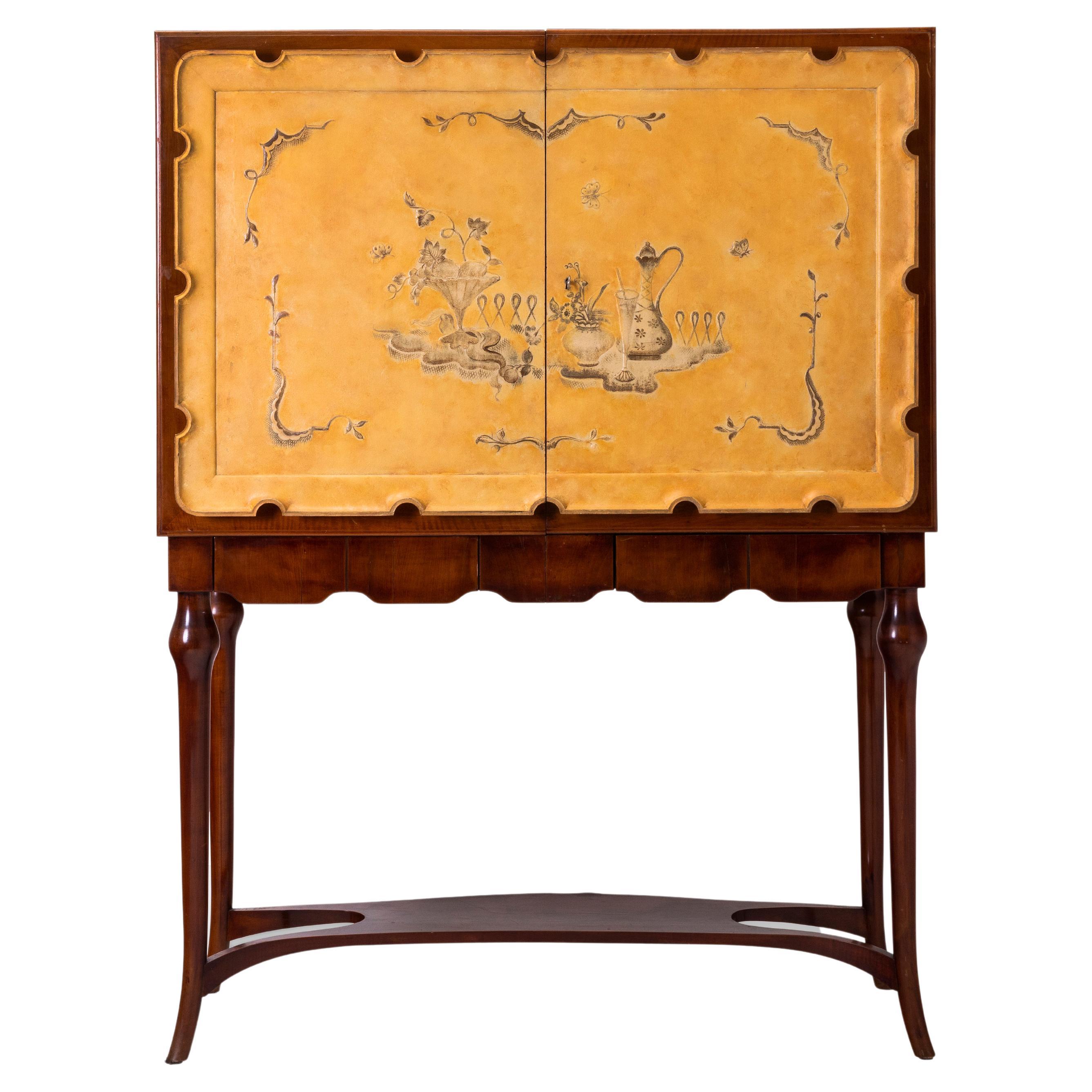 Wooden Bar Cabinet with Enamel Doors Decorated with Floral Motifs