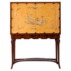 Vintage Wooden Bar Cabinet with Enamel Doors Decorated with Floral Motifs