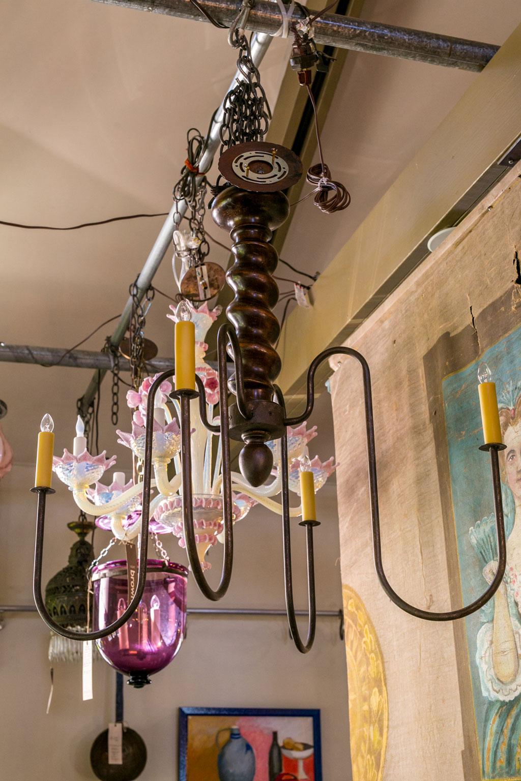 One-of-a-Kind Wooden Barley Twist Iron Arm Chandelier In Good Condition In Houston, TX