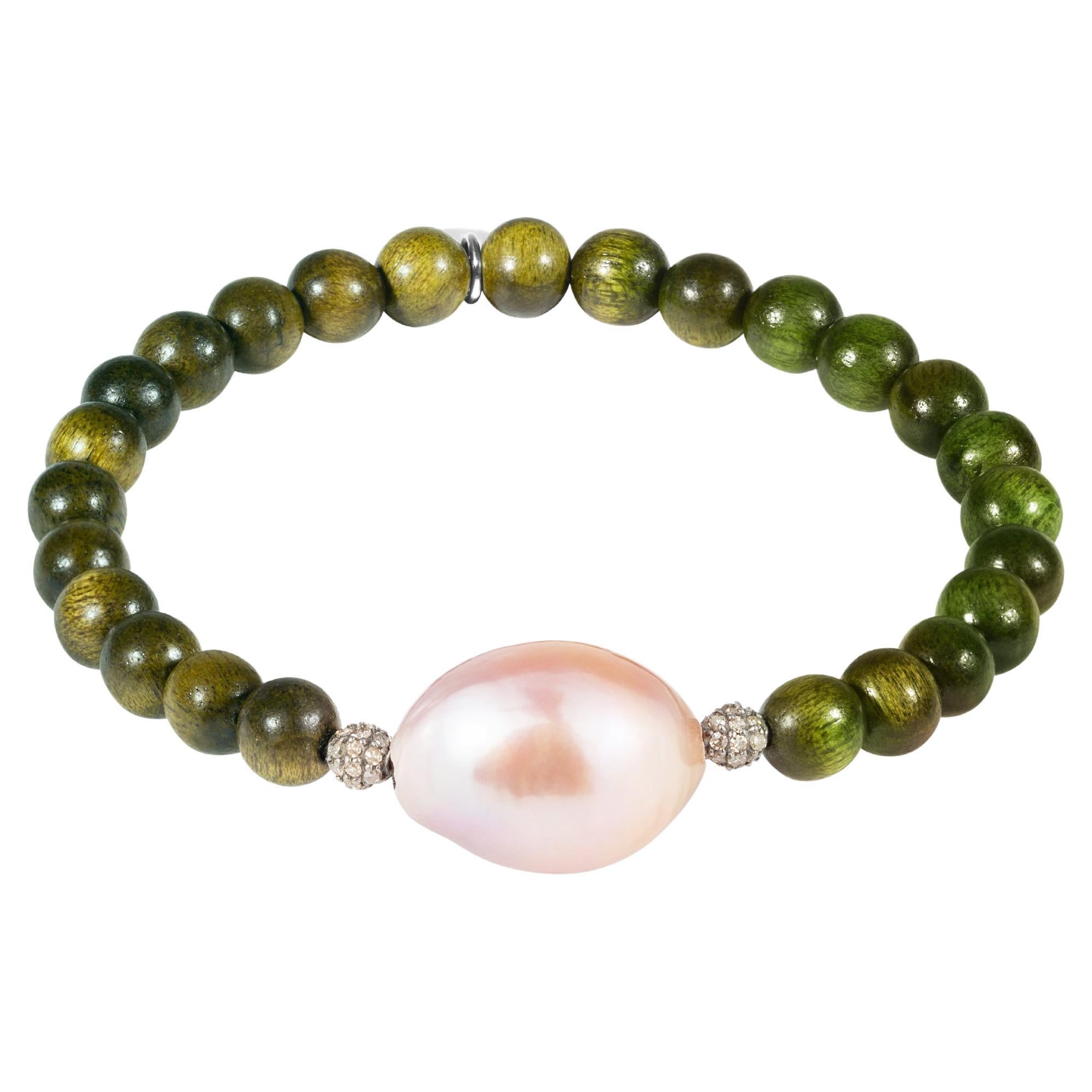 Wooden bead bracelet with pink baroque pearl and diamond encrusted silver beads For Sale