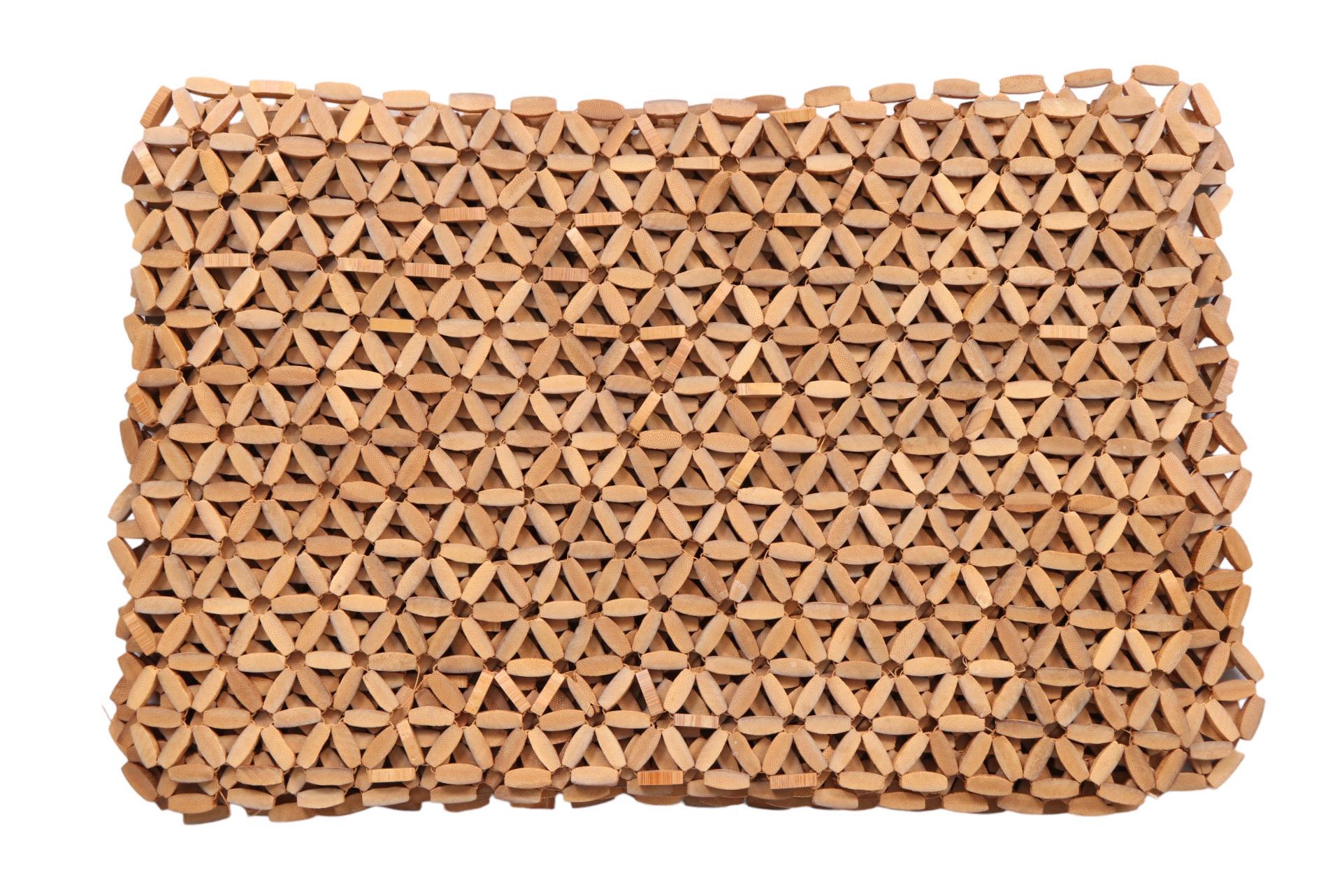 A set of six flexible placemats. Made with wooden beads, woven into a tight hexagonal daisy pattern. Dimensions per placemat.