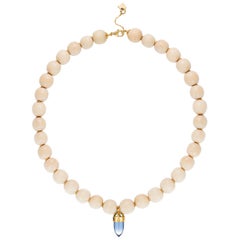 Wooden Bead Necklace with Gold Discs, Bullet Stones 18 Karat Gold Tanzanite Blue