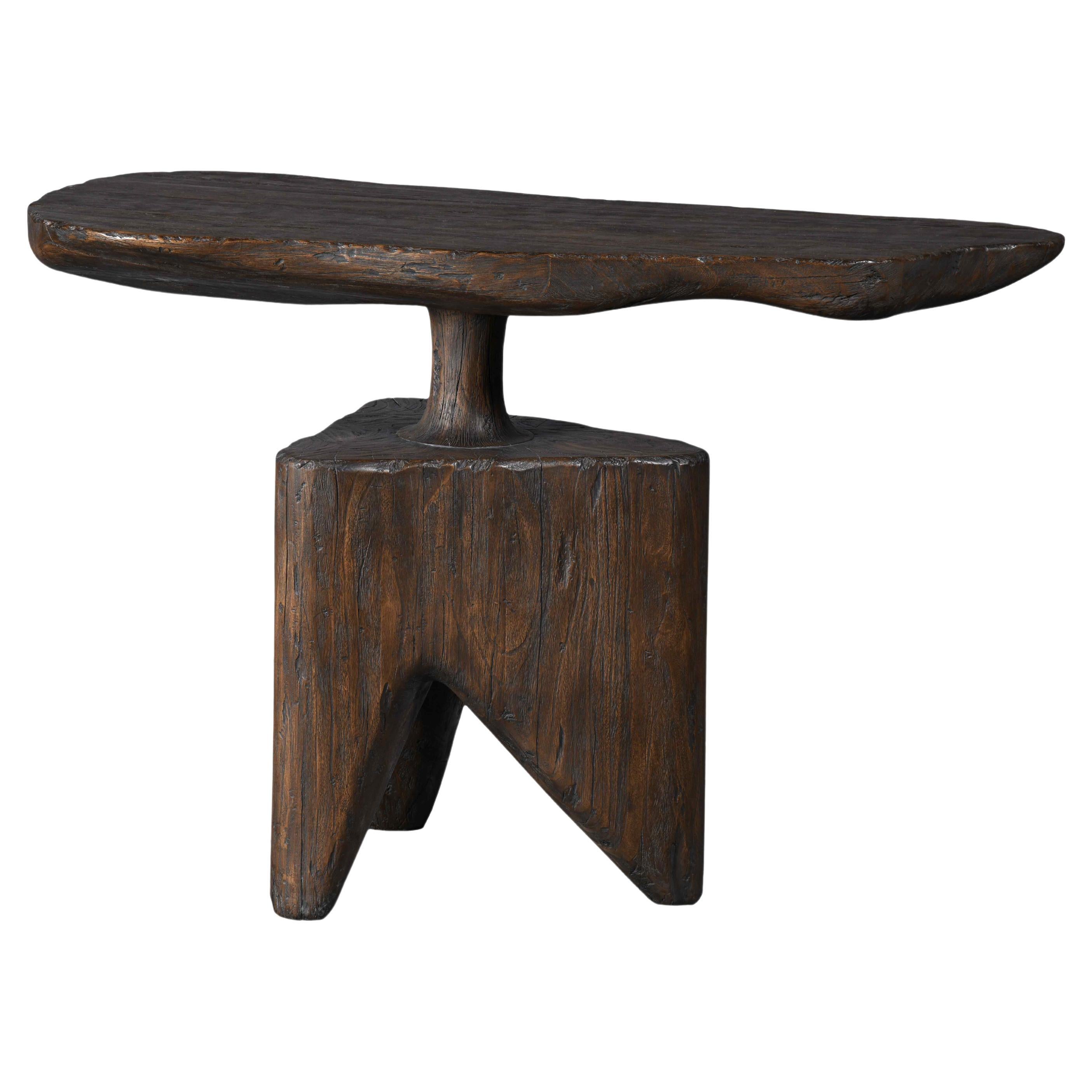 Wooden Belliet Console with 3 Standing Legs and Irregular Shapes, Rustic Finish