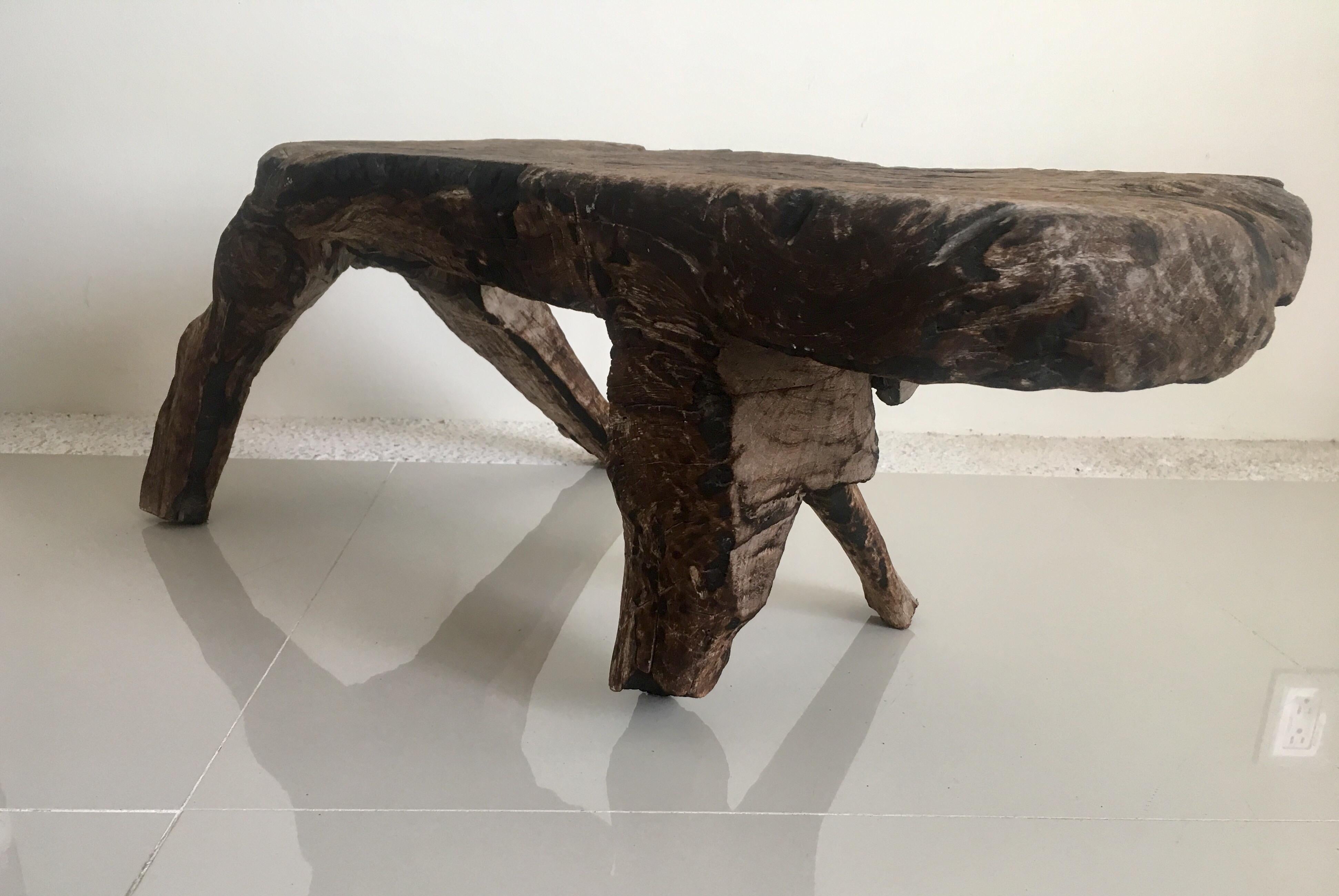 Mexican Wooden Bench Carved from One Piece of Mesquite