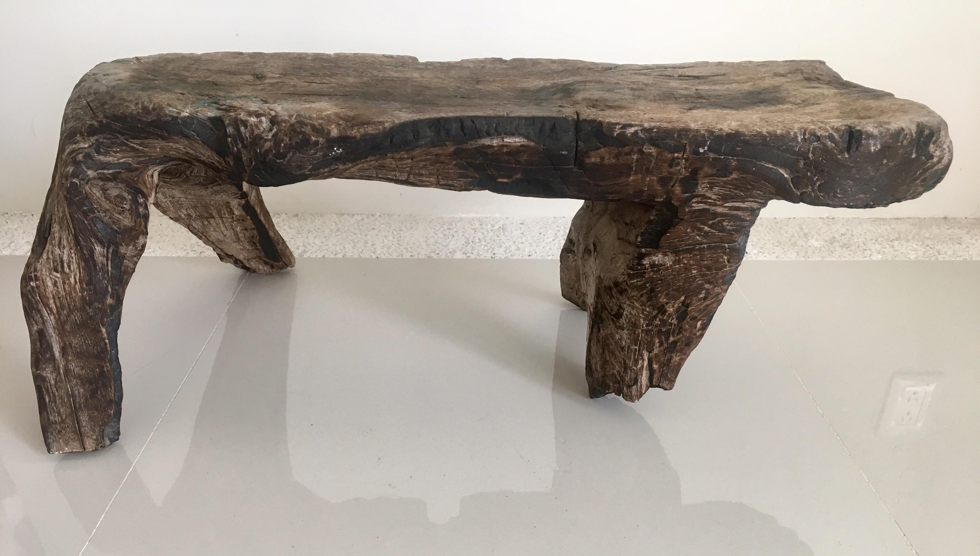 Hand-Carved Wooden Bench Carved from One Piece of Mesquite