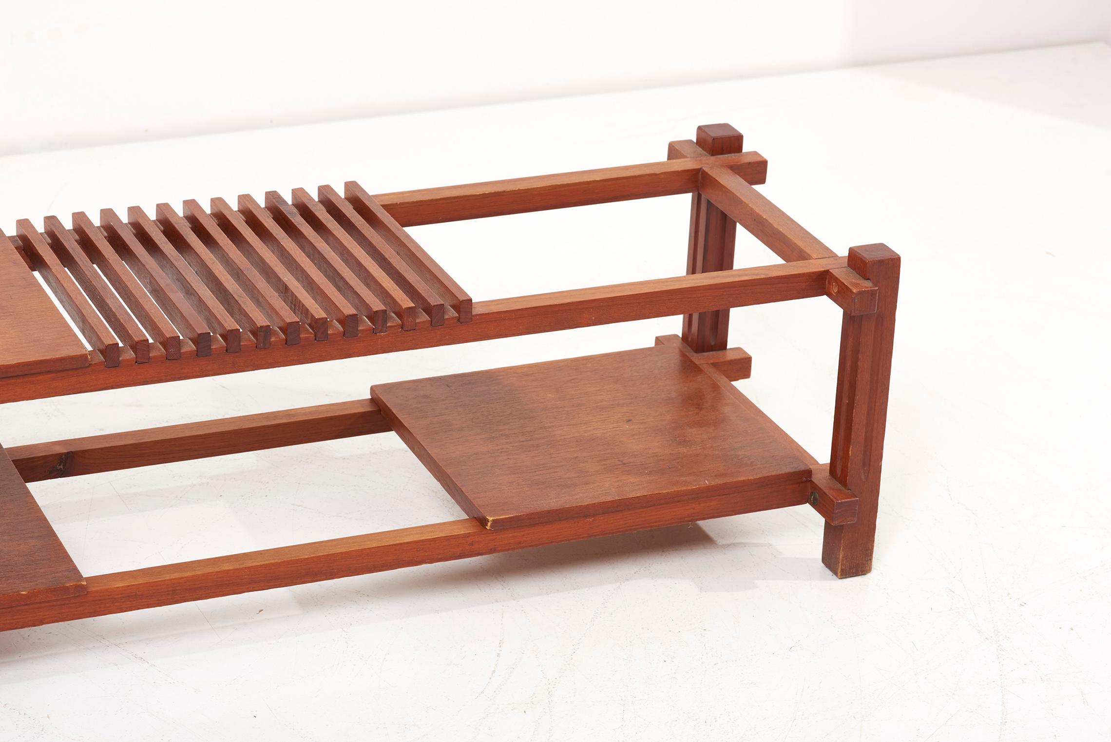 Wooden bench with three modular shelf elements, Italy 1960s.