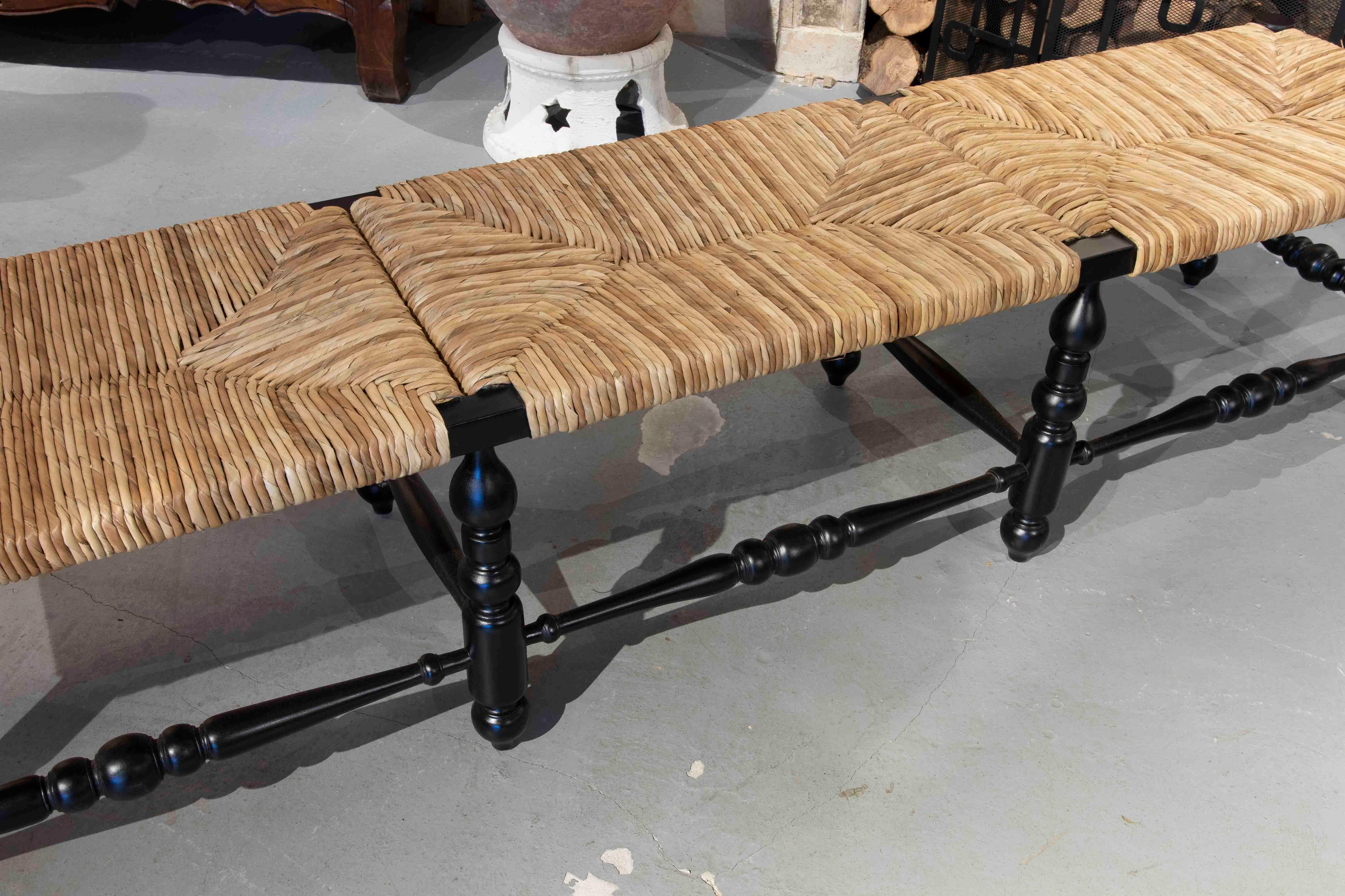 Contemporary Wooden Bench Painted Black with Natural Rope Stitched Top For Sale
