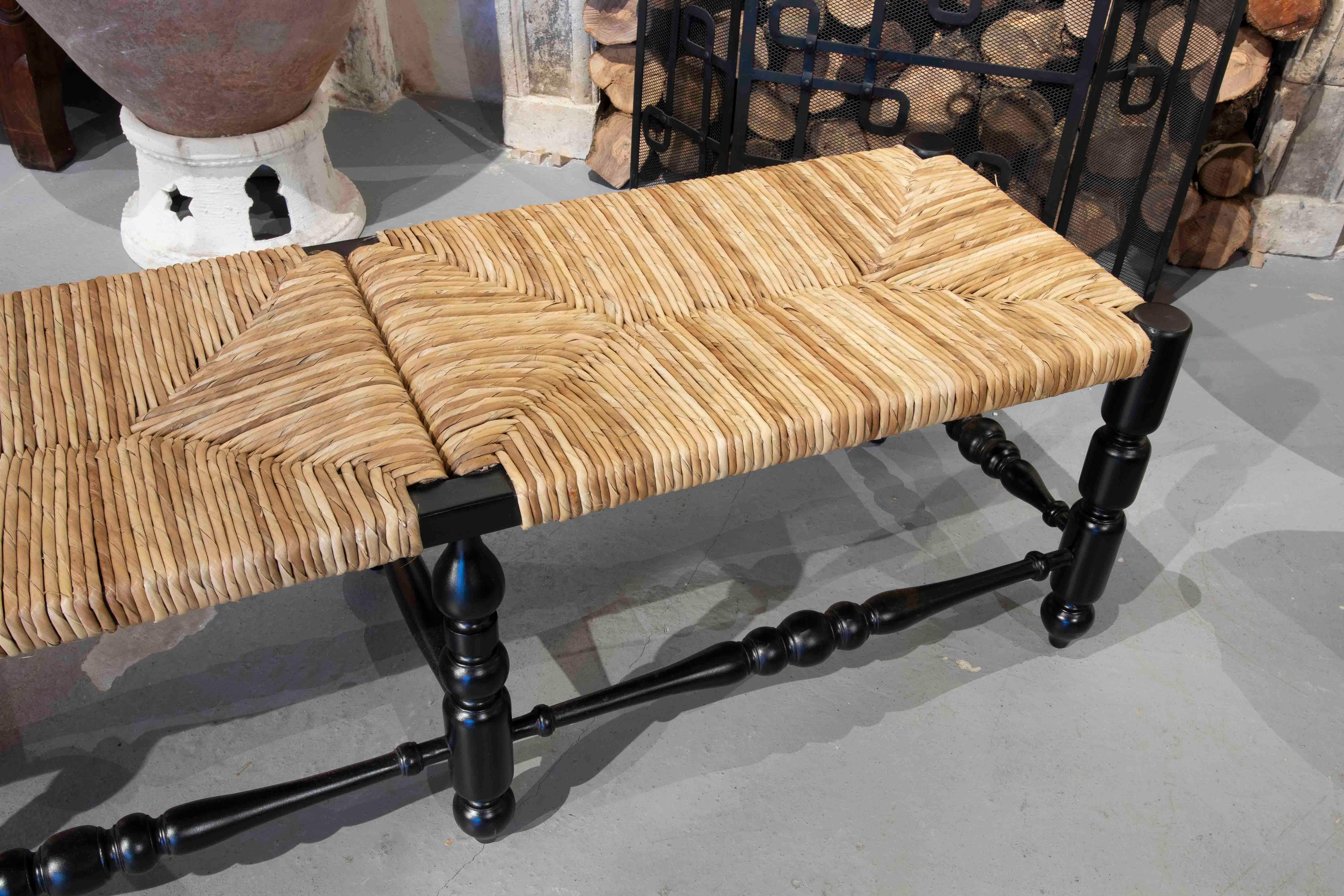 Wooden Bench Painted Black with Natural Rope Stitched Top For Sale 1