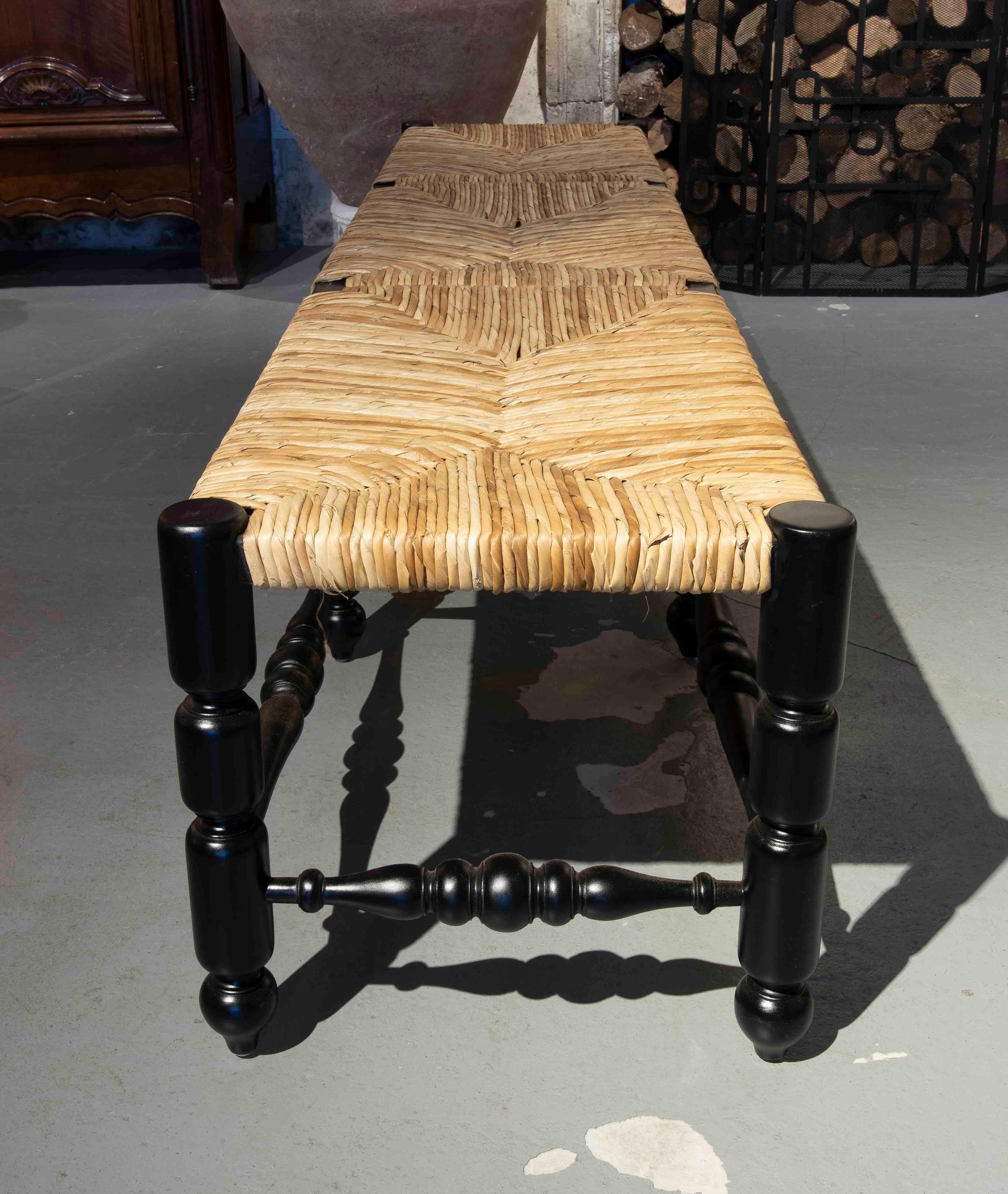 Wooden Bench Painted Black with Natural Rope Stitched Top For Sale 3