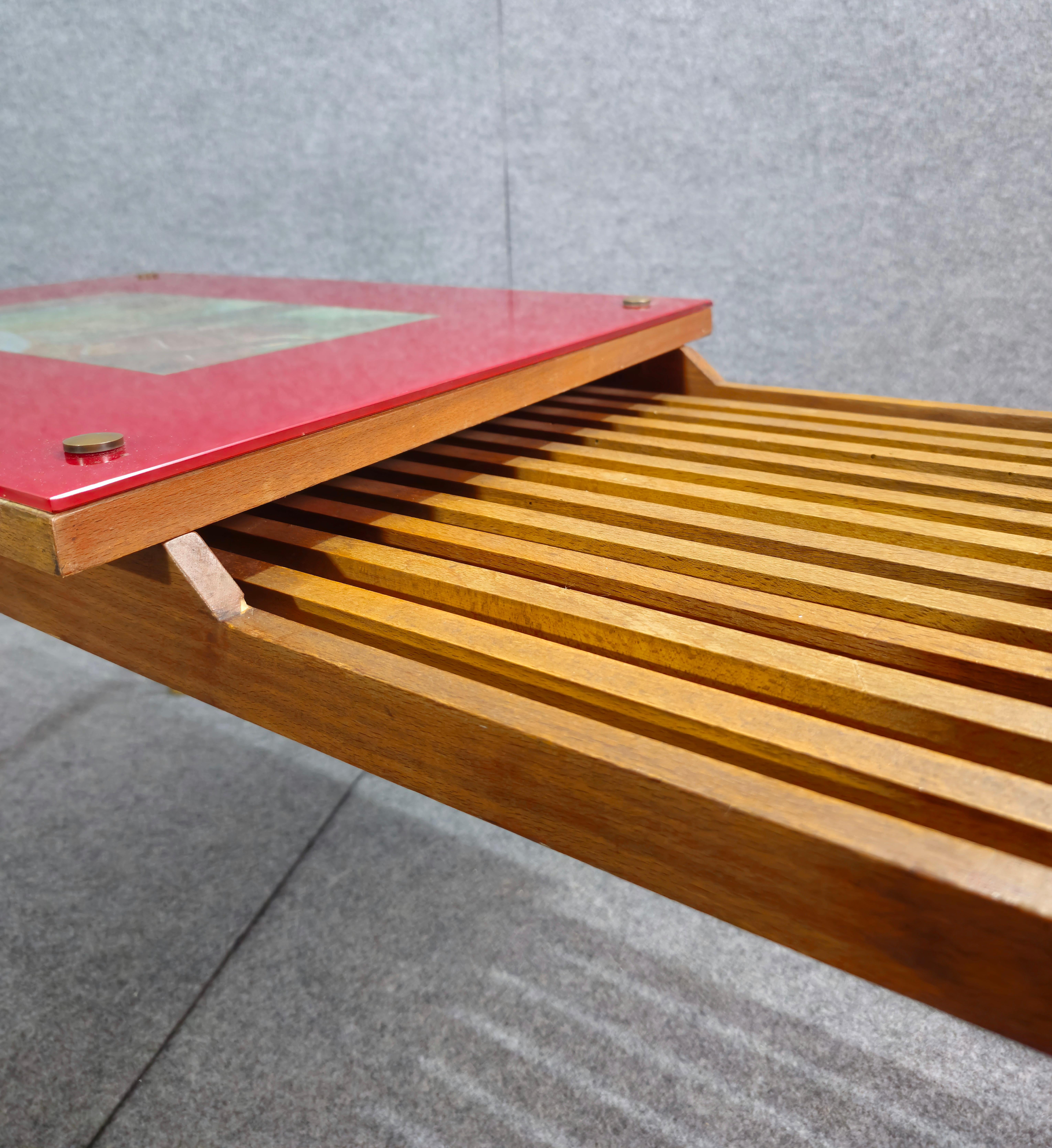 Wooden Bench With Brass Accessories Mid-Century Design Italy, 1970s In Good Condition For Sale In Palermo, IT