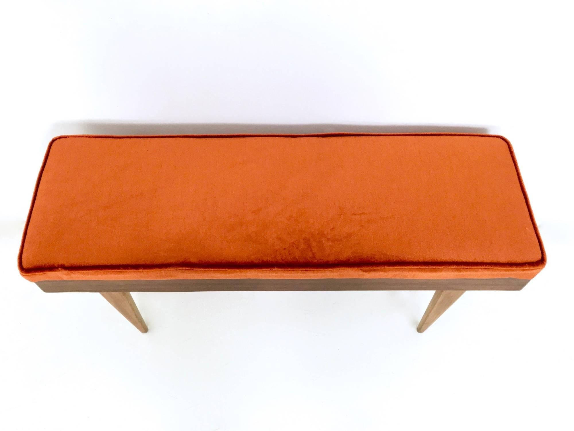 Italian Wooden Bench with Orange Fabric Upholstery, Italy, 1950s