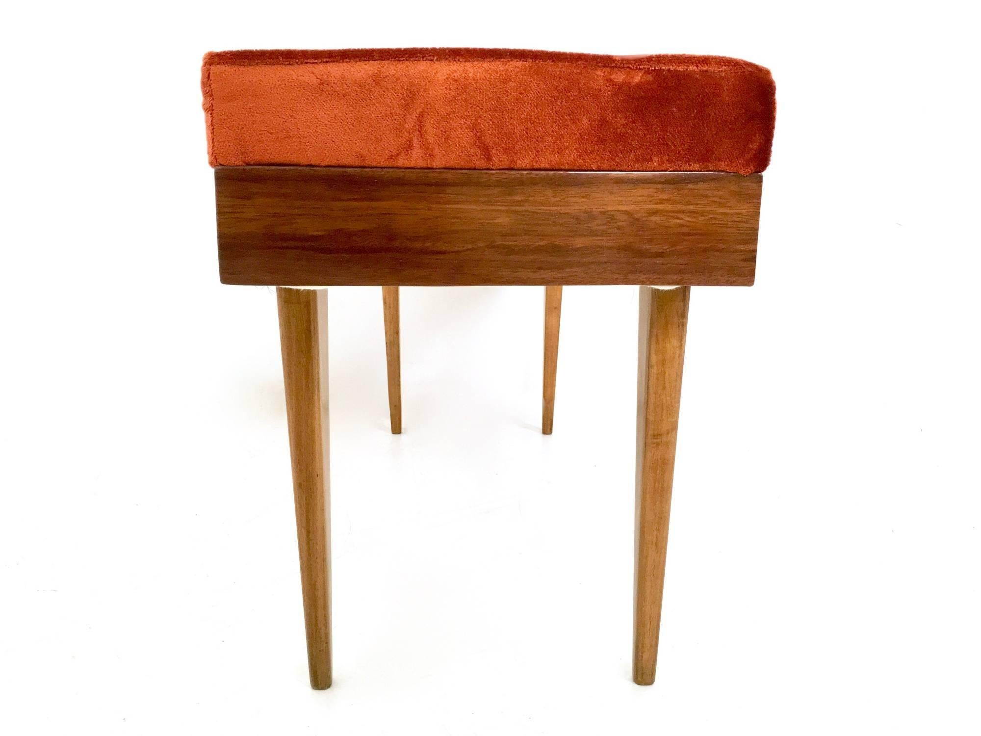 Mid-20th Century Wooden Bench with Orange Fabric Upholstery, Italy, 1950s
