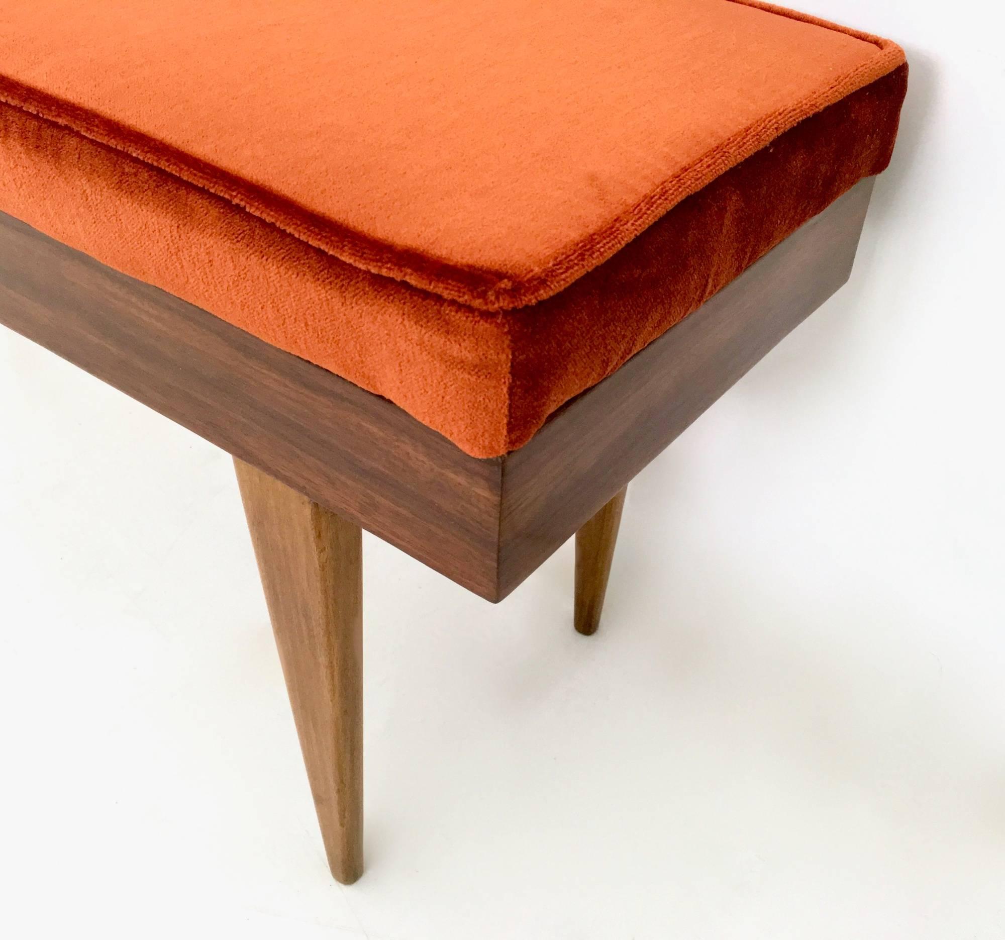 Wooden Bench with Orange Fabric Upholstery, Italy, 1950s 1