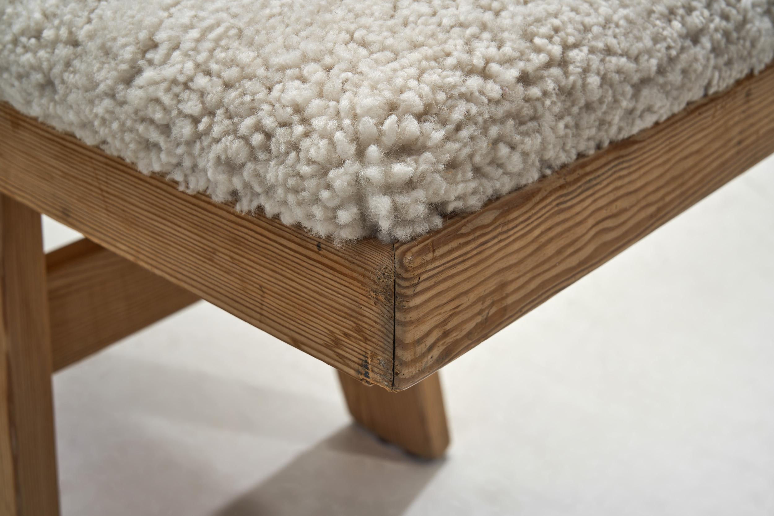 Wooden Bench with Sheepskin Upholstery, Norway Mid-20th Century For Sale 5