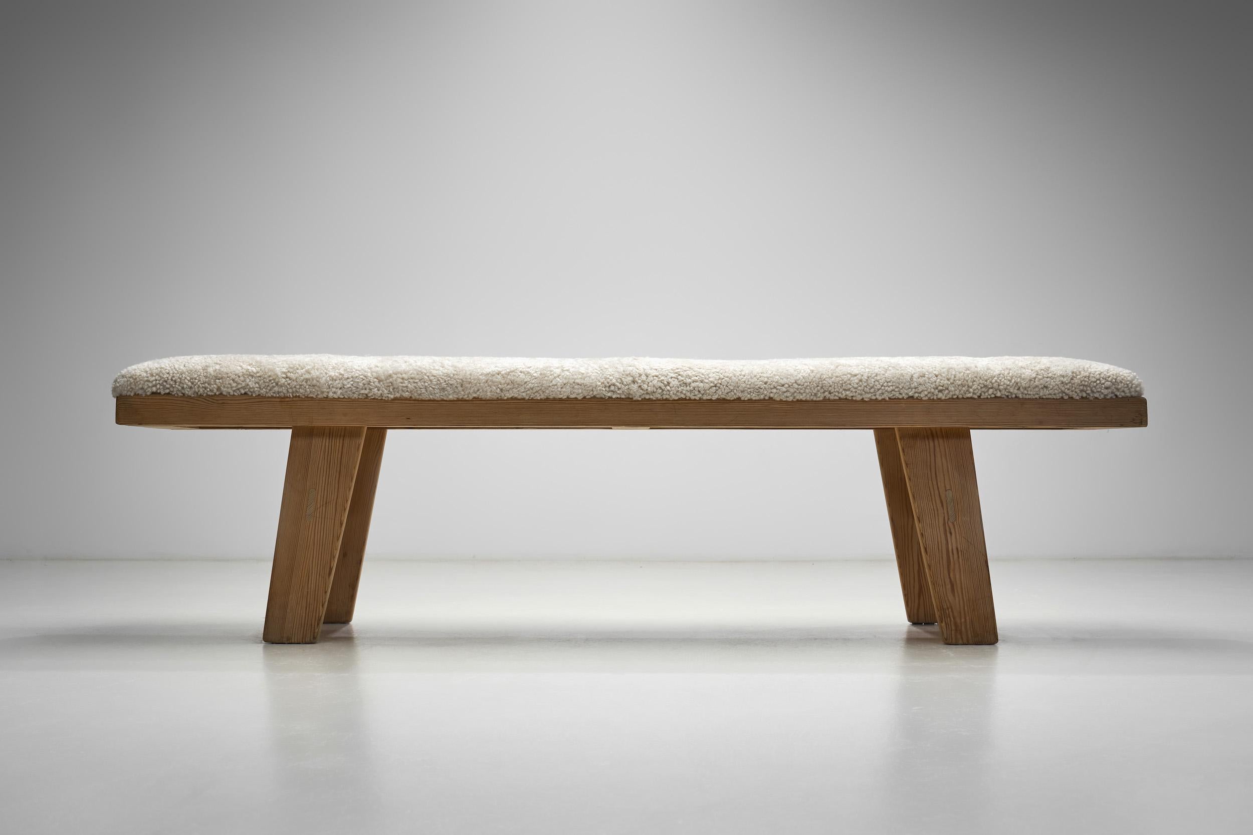 Wooden Bench with Sheepskin Upholstery, Norway Mid-20th Century For Sale 7