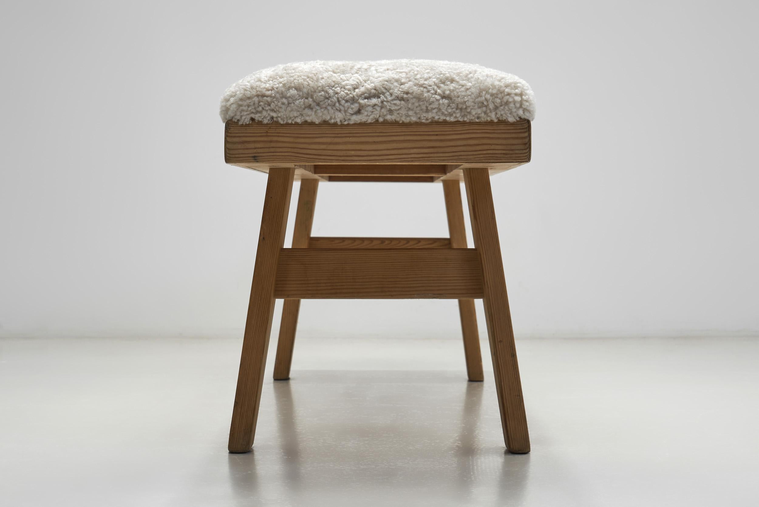Wooden Bench with Sheepskin Upholstery, Norway Mid-20th Century For Sale 8