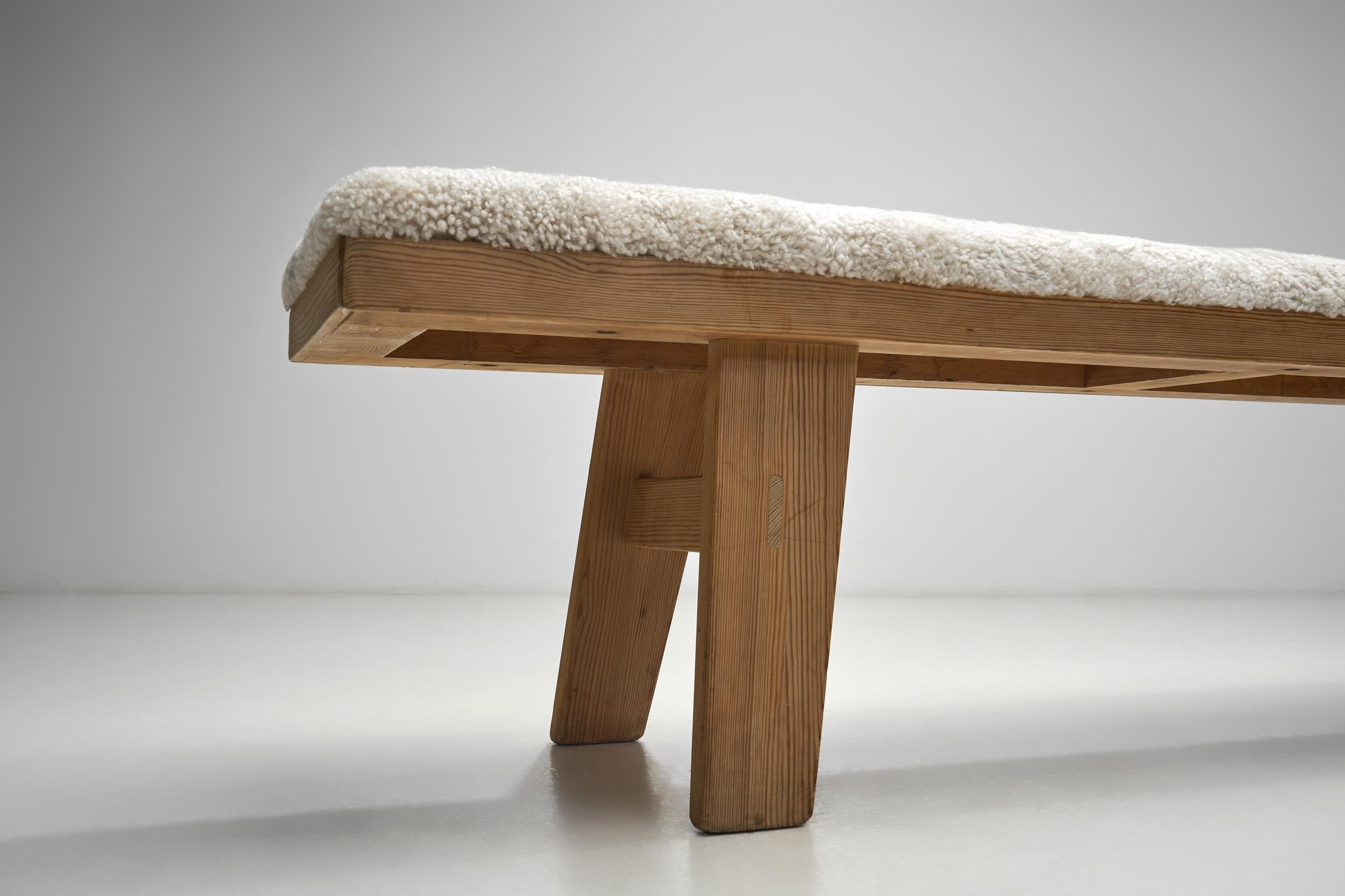 Wooden Bench with Sheepskin Upholstery, Norway Mid-20th Century For Sale 9