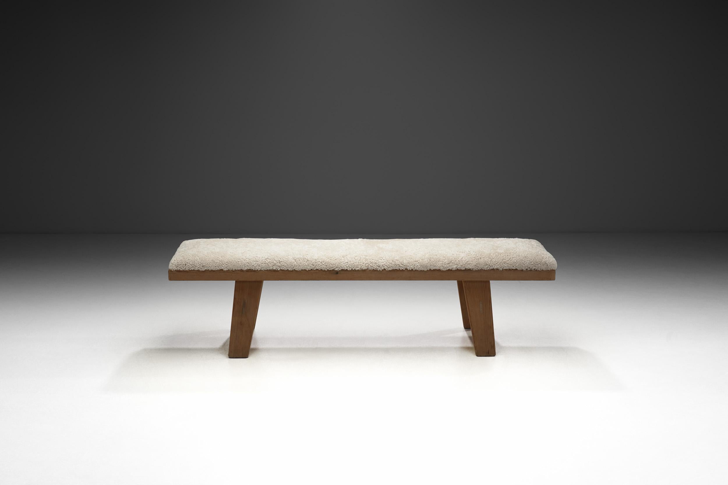 Scandinavian Modern Wooden Bench with Sheepskin Upholstery, Norway Mid-20th Century For Sale