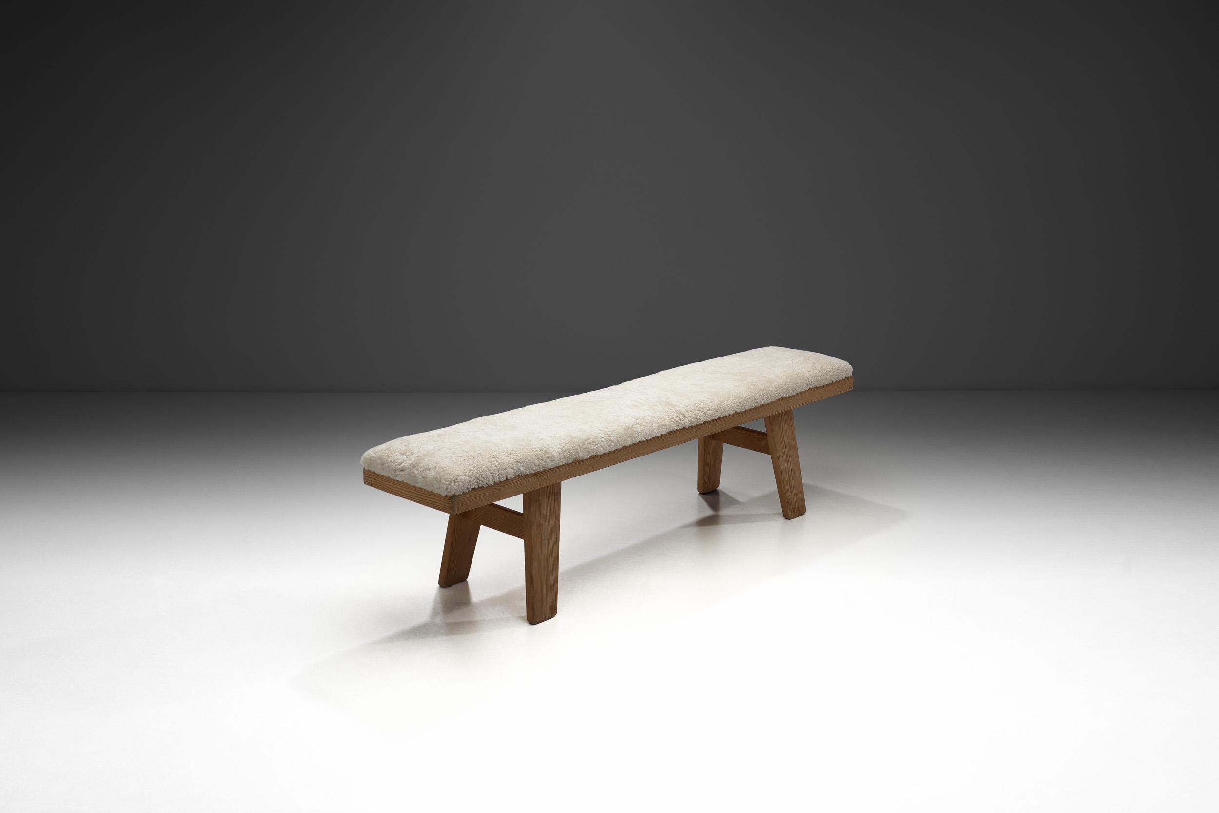Norwegian Wooden Bench with Sheepskin Upholstery, Norway Mid-20th Century For Sale