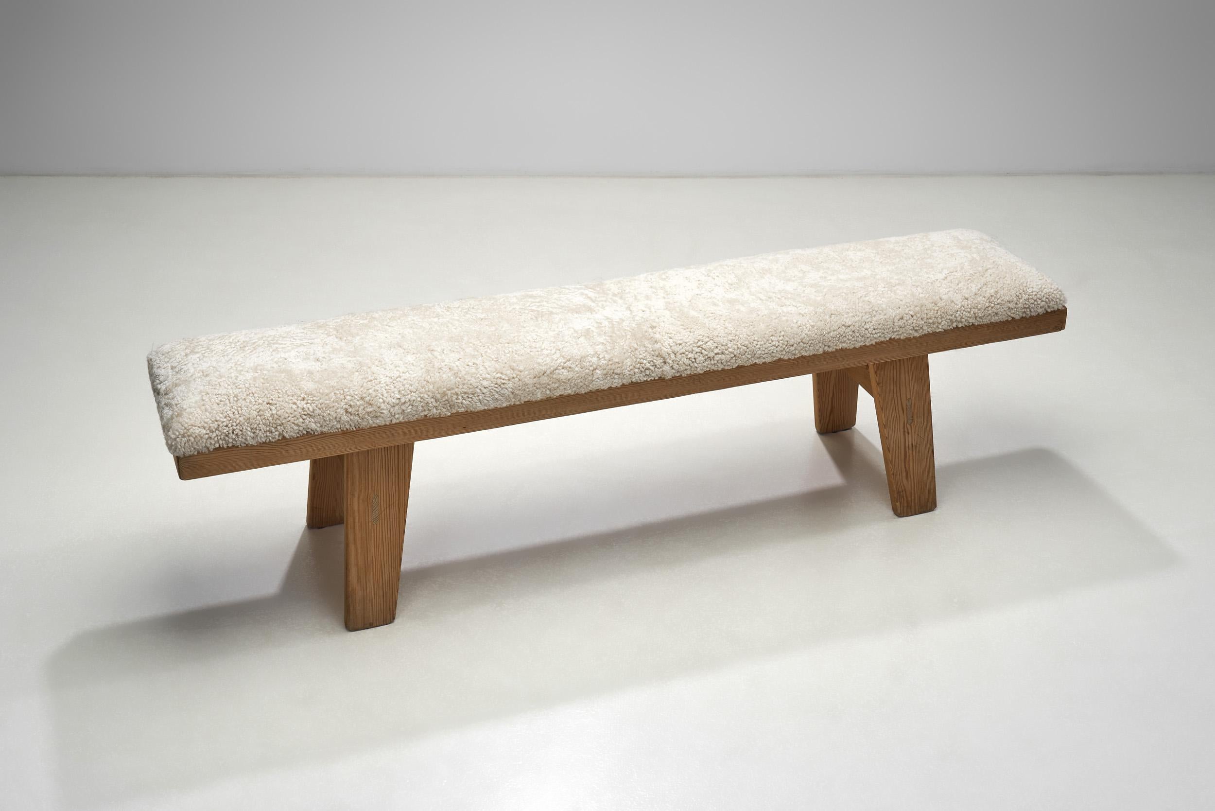 Wooden Bench with Sheepskin Upholstery, Norway Mid-20th Century For Sale 1
