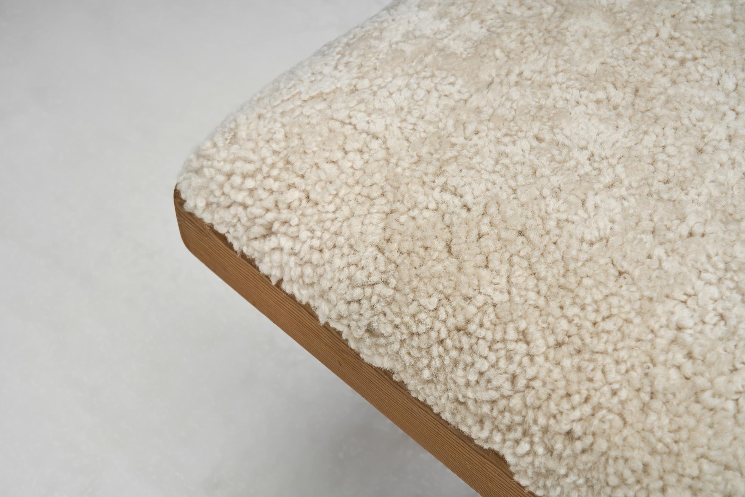 Wooden Bench with Sheepskin Upholstery, Norway Mid-20th Century For Sale 2