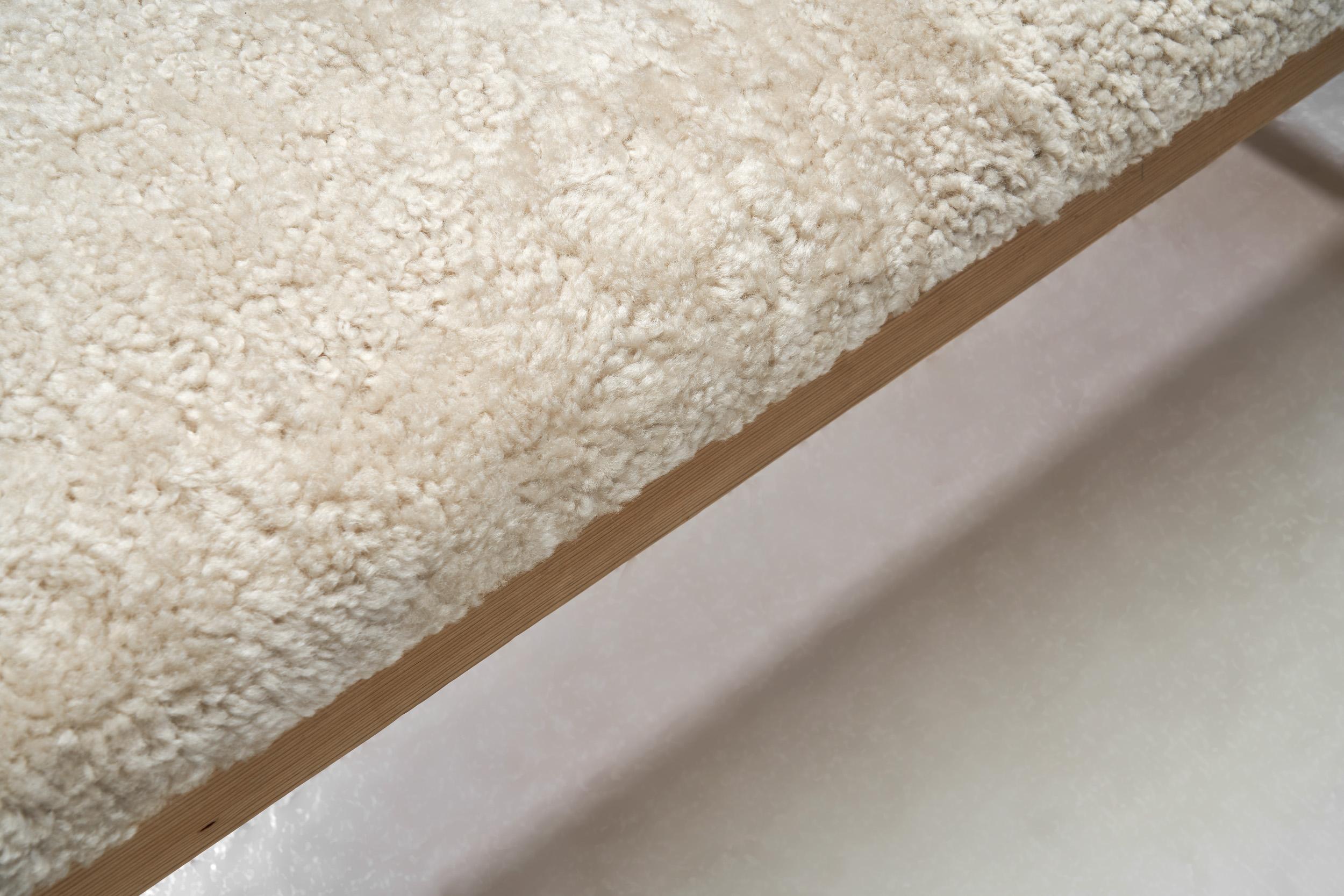 Wooden Bench with Sheepskin Upholstery, Norway Mid-20th Century For Sale 3