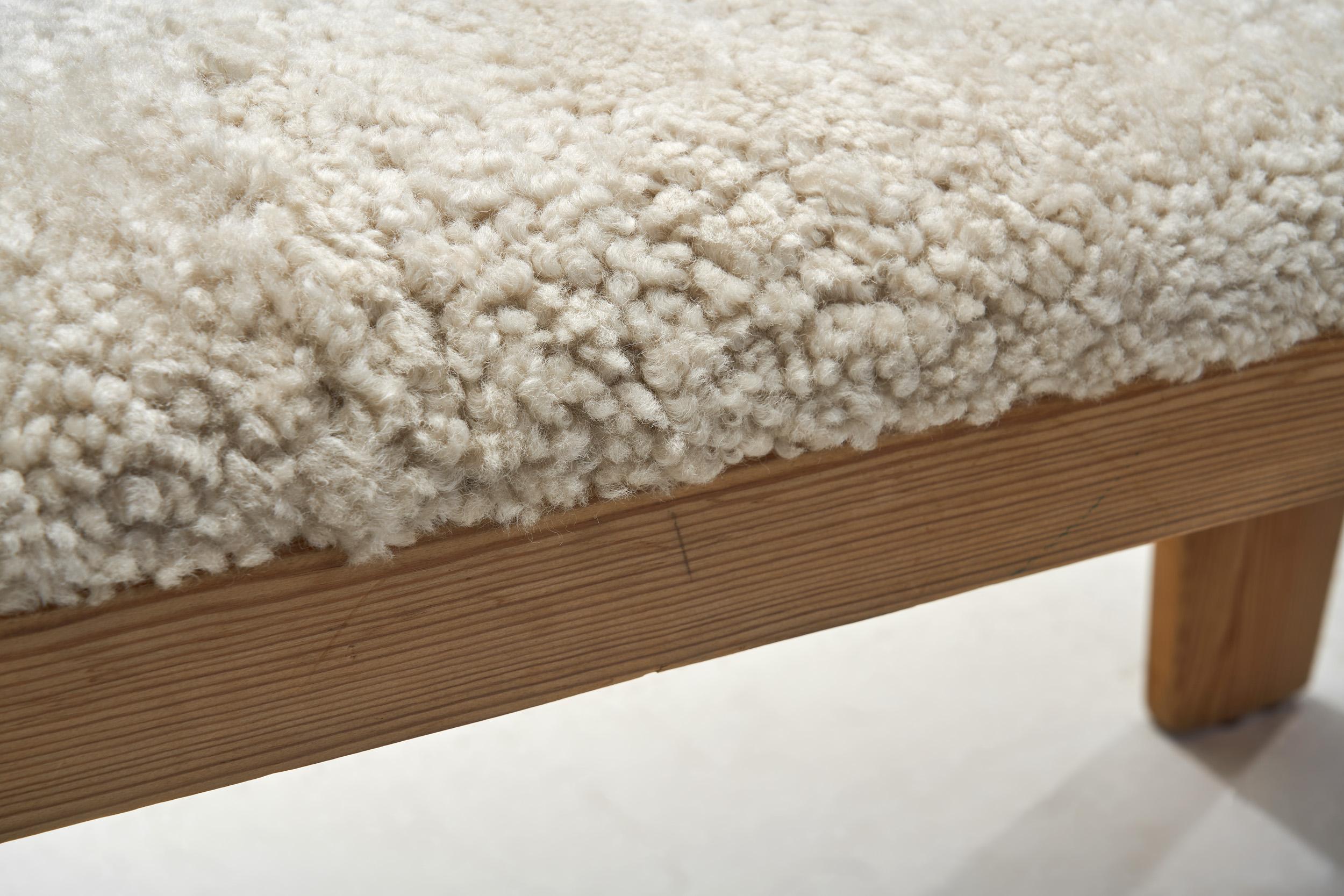 Wooden Bench with Sheepskin Upholstery, Norway Mid-20th Century For Sale 4