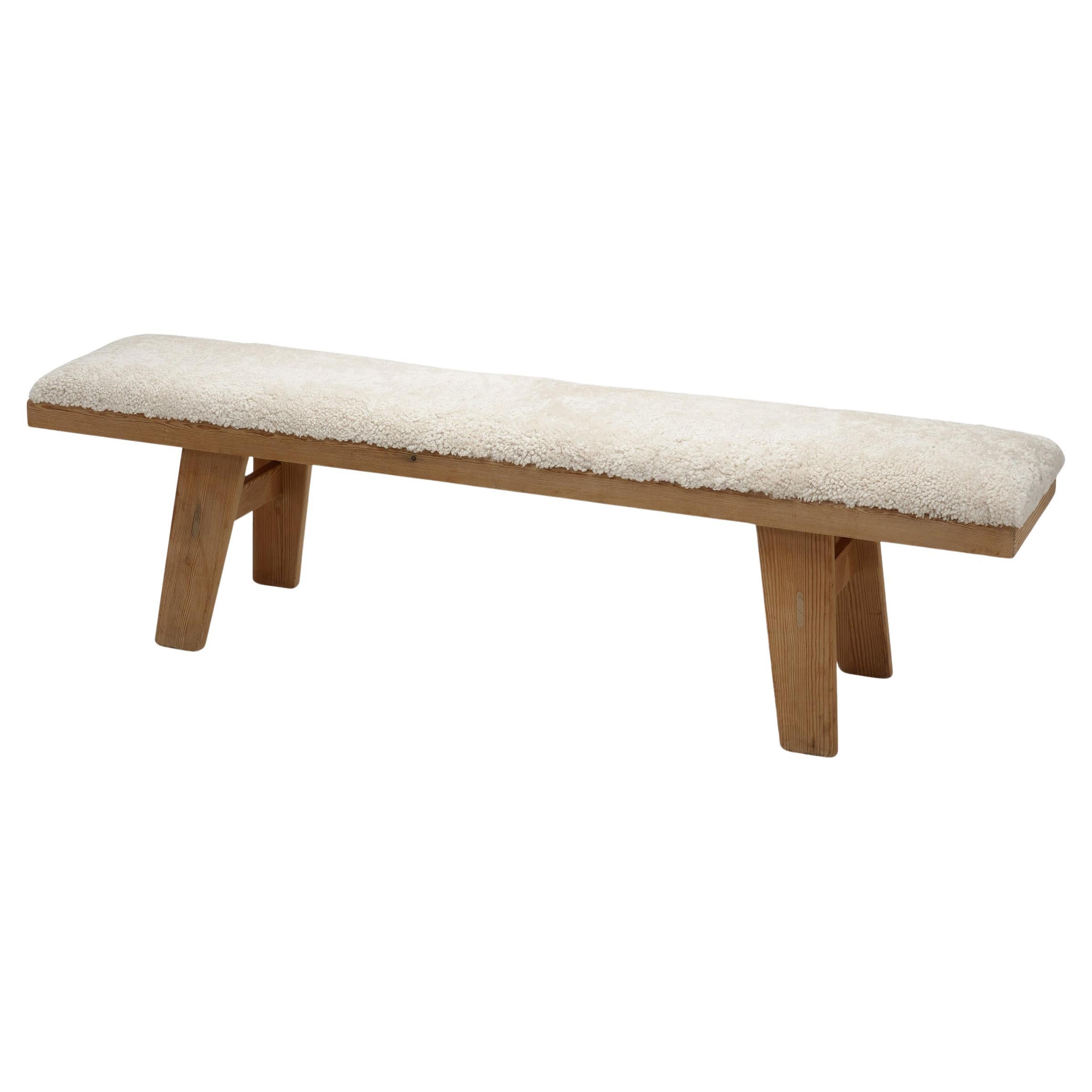 Wooden Bench with Sheepskin Upholstery, Norway Mid-20th Century