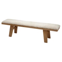 Wooden Bench with Sheepskin Upholstery, Norway Mid-20th Century