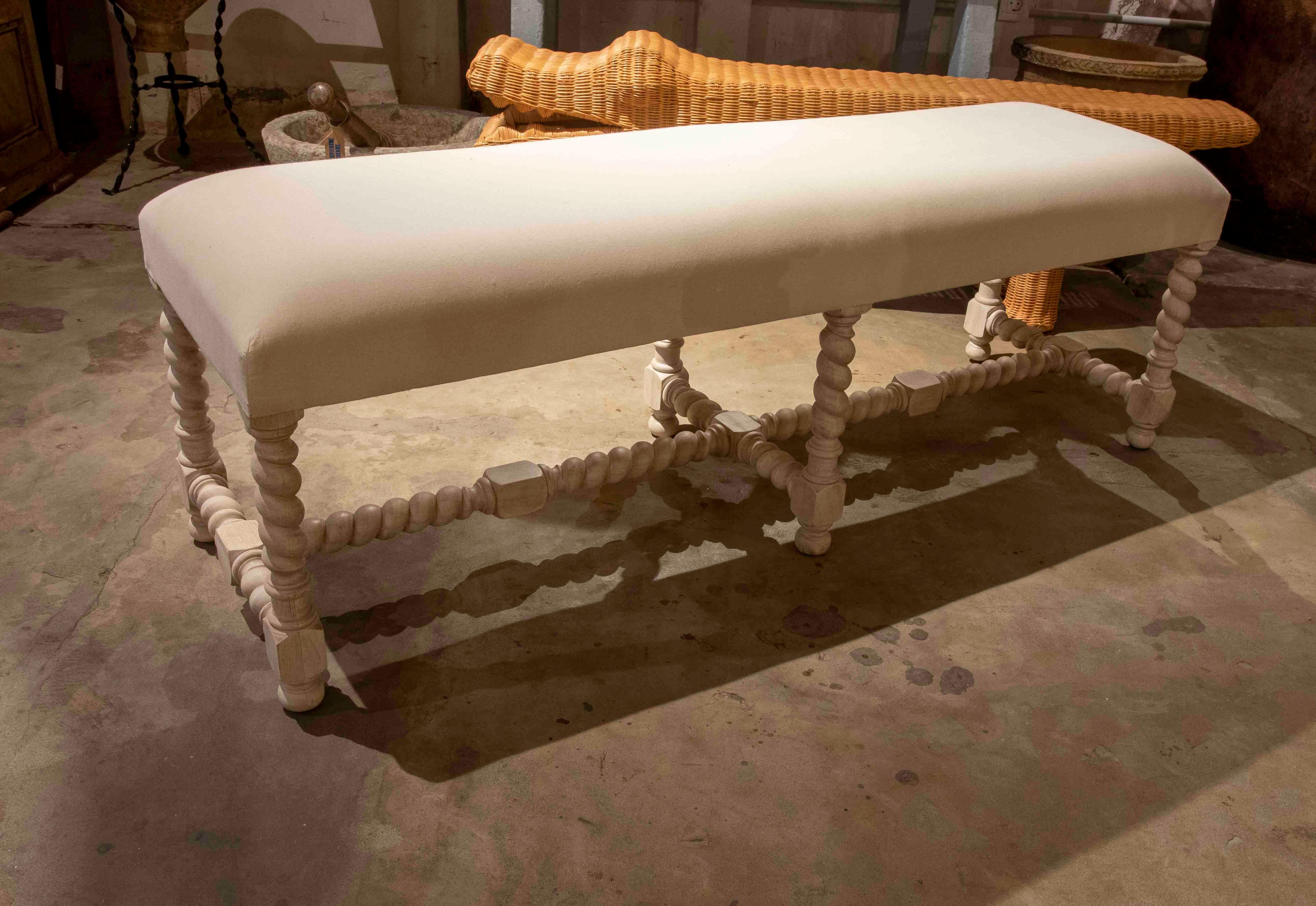 Spanish Wooden Bench with Turned Legs and Seat To Be upholstered For Sale