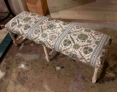 Wooden Bench with Turned Legs, Painted in Antique White, Freshly Upholstered