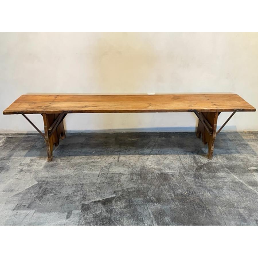 20th Century Wooden Bench with Wrought Iron Cross Braces, FR-1143 For Sale