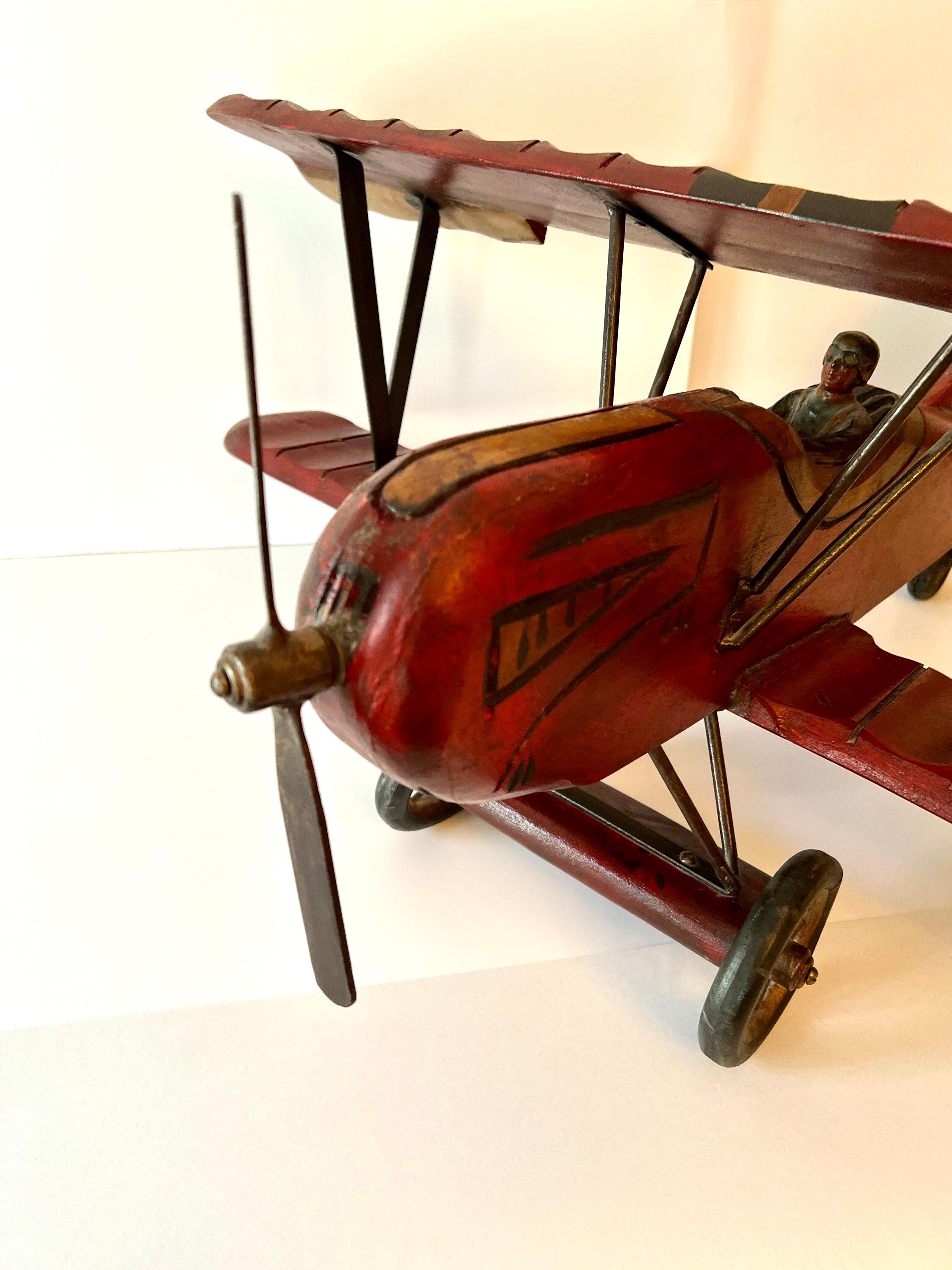 Wooden Biplane with Rubber Wheels, Metal Propeller  and Pilot 3