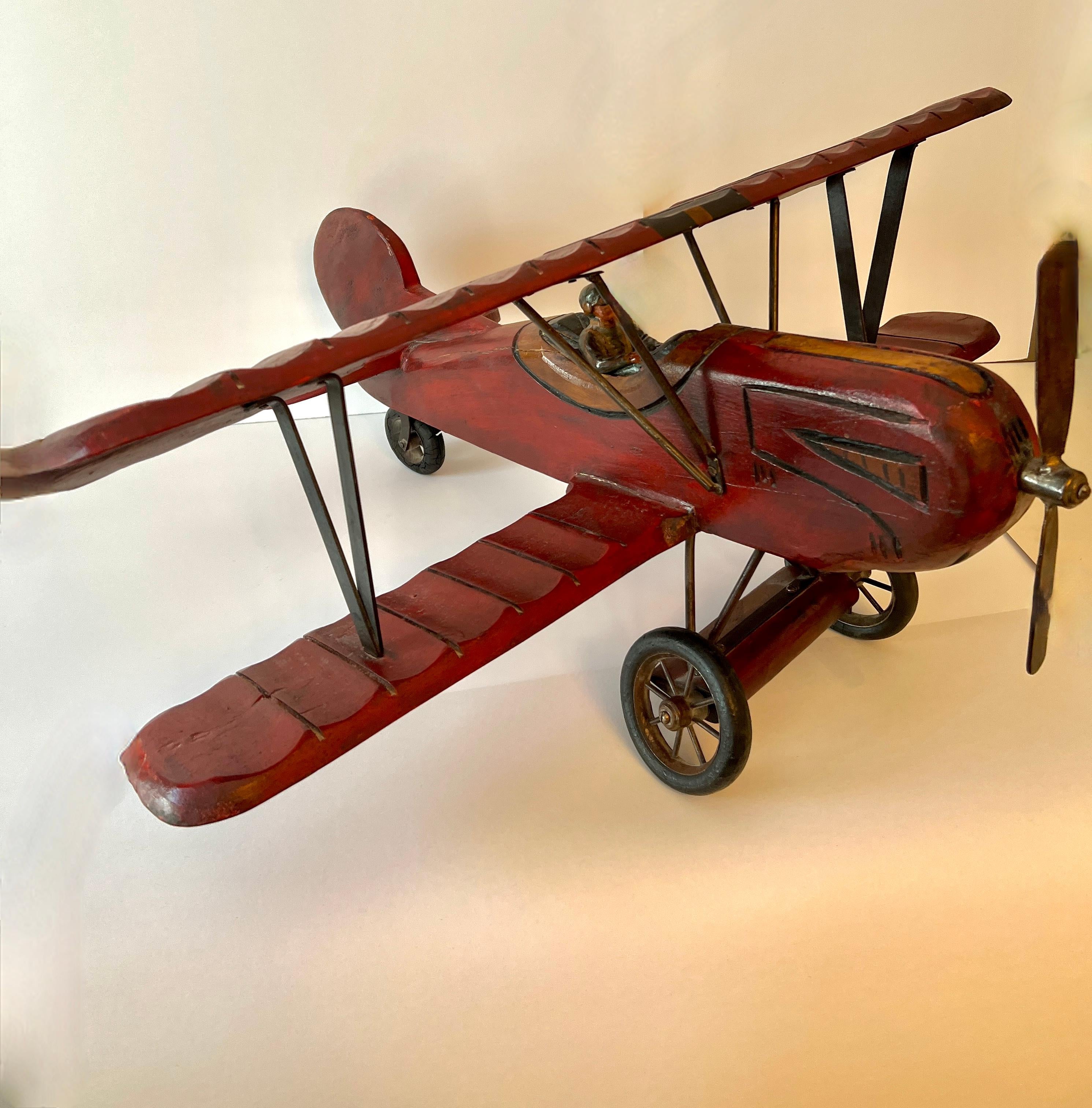 Wooden Biplane with Rubber Wheels, Metal Propeller  and Pilot 4