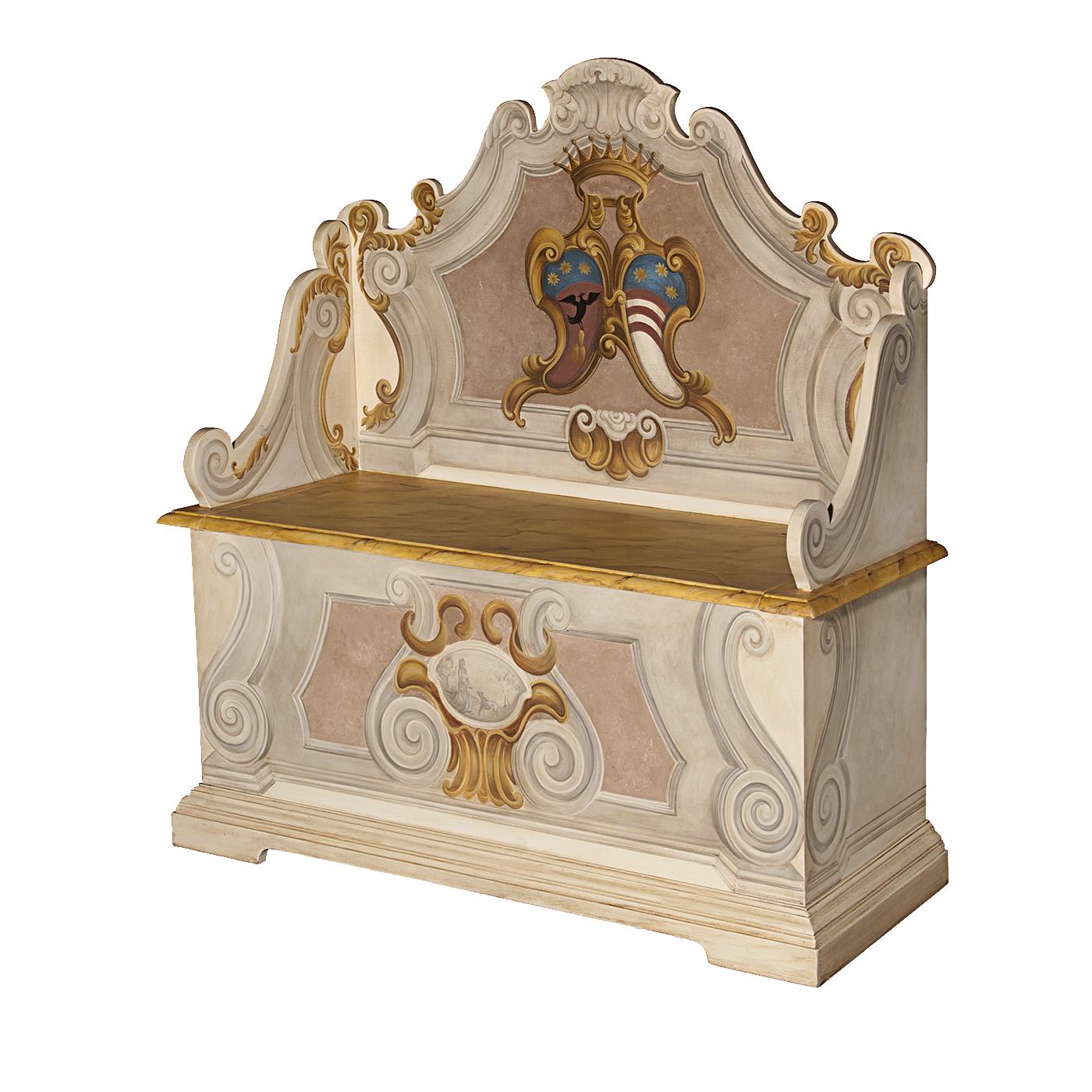 A superb objet d'art, this wooden chest was crafted according to traditional methods to reproduce old-fashioned blanket chests. A versatile addition to a classic home, it can be used as a love seat in an entryway, as additional seat in a living
