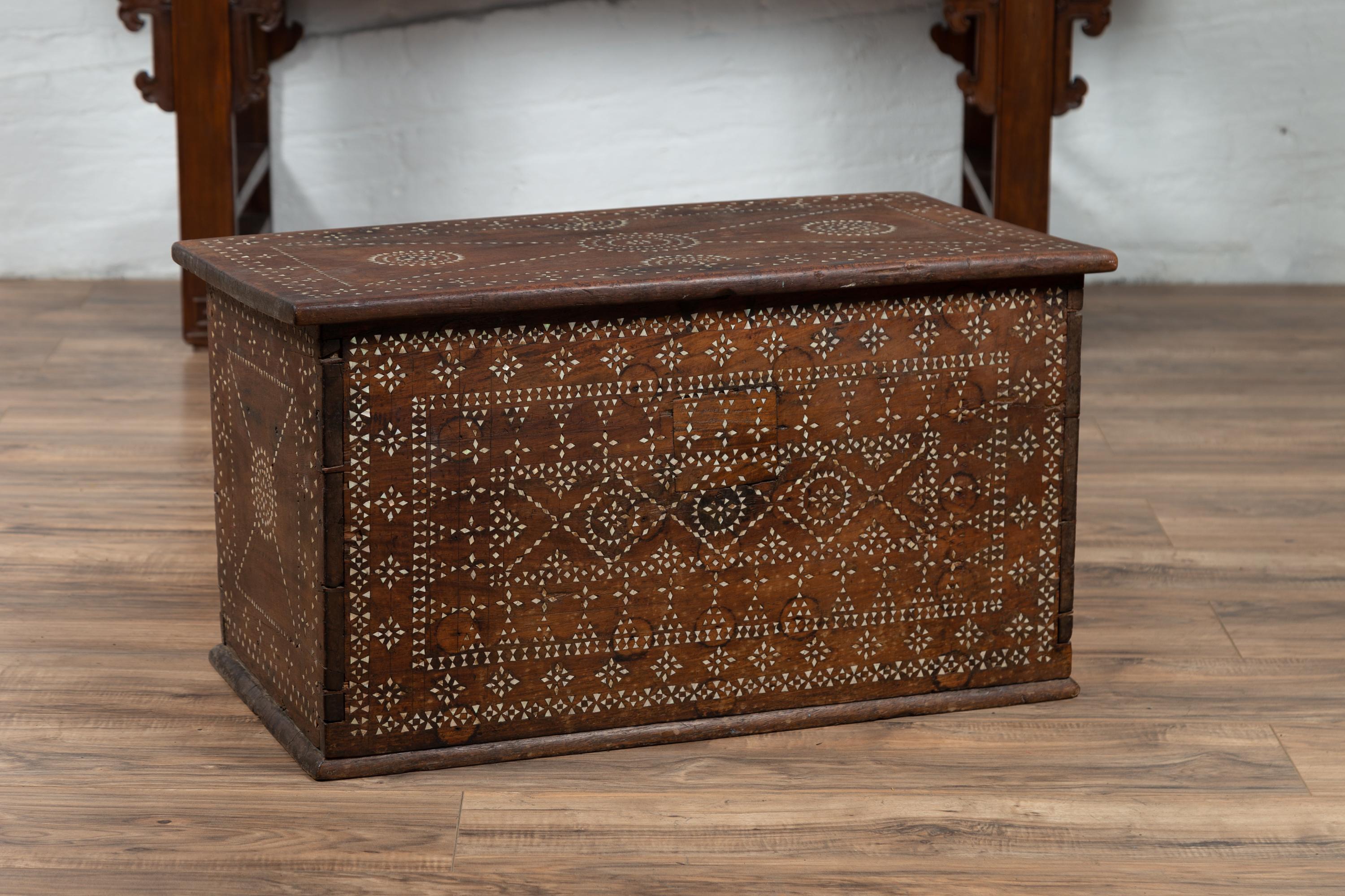 20th Century Wooden Blanket Chest from Madura with Geometrical Mother-of-Pearl Inlay