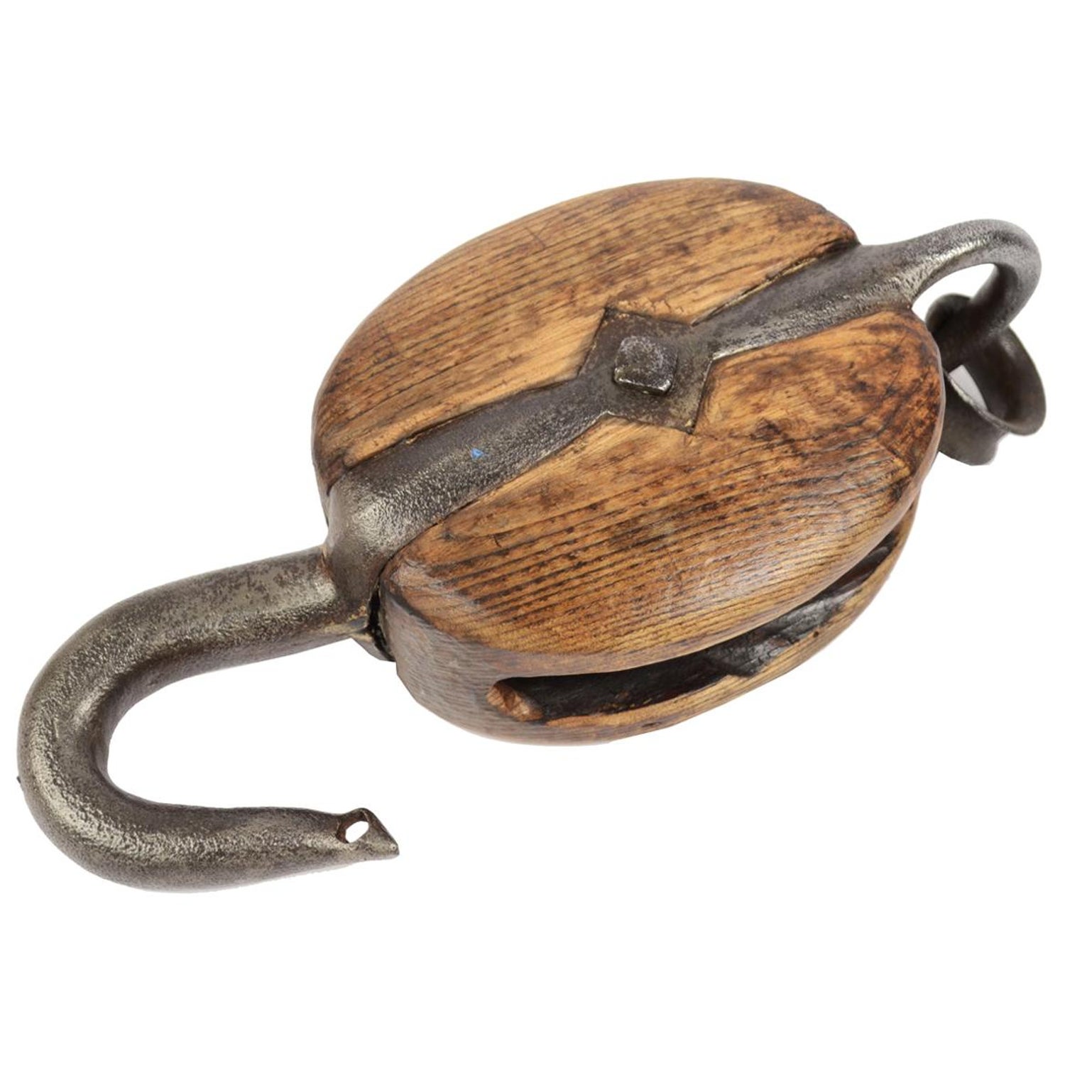 1850 Wooden Old Nautical Wood and Iron Simple Block with Ring with Iron  Pulley at 1stDibs