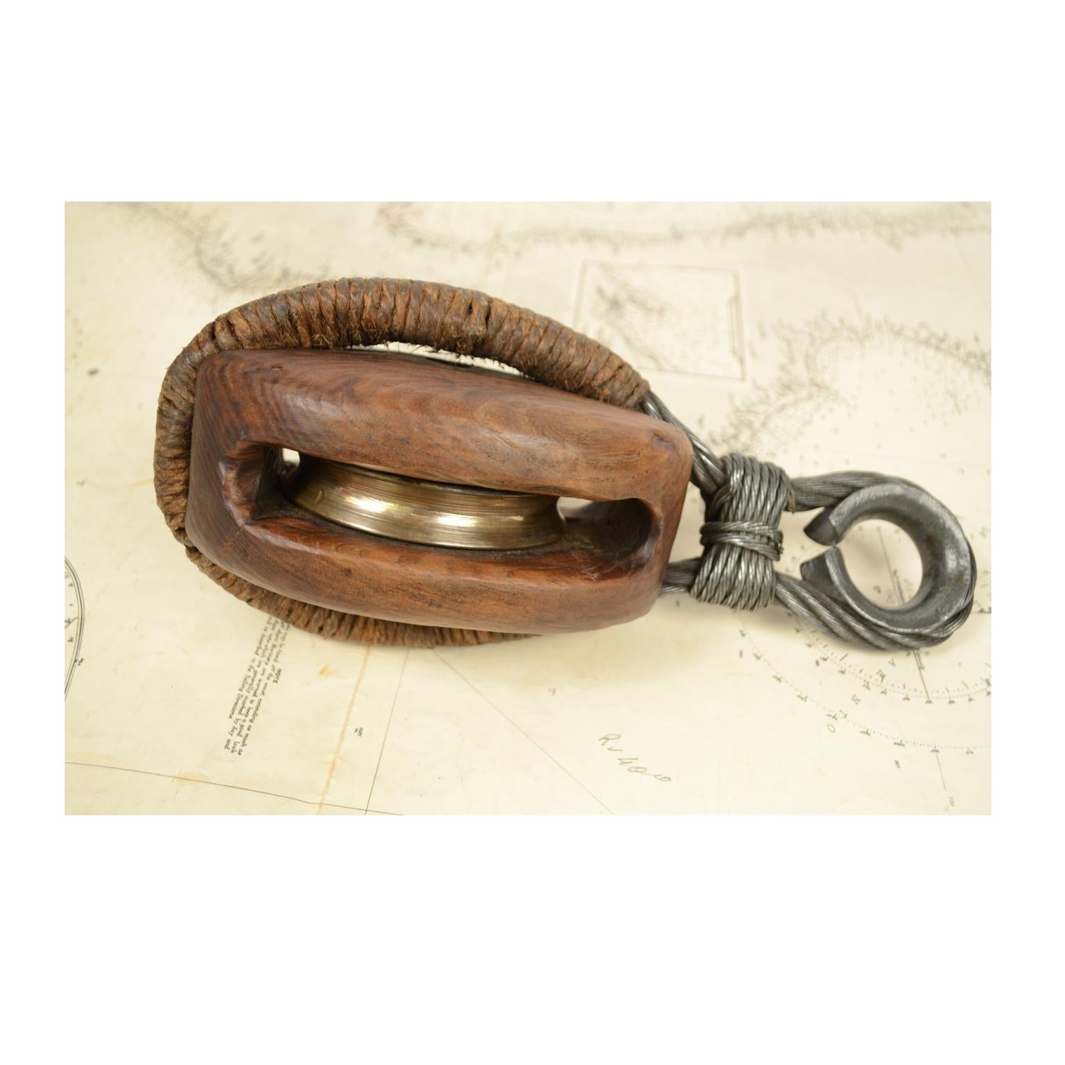 Mid-19th Century Wooden Block Complete with Steel Ring with Brass Pulley, 1860