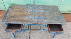 Mid-20th Century Wooden Blue Patina Table/Desk with 2 Wide Drawers, 1950