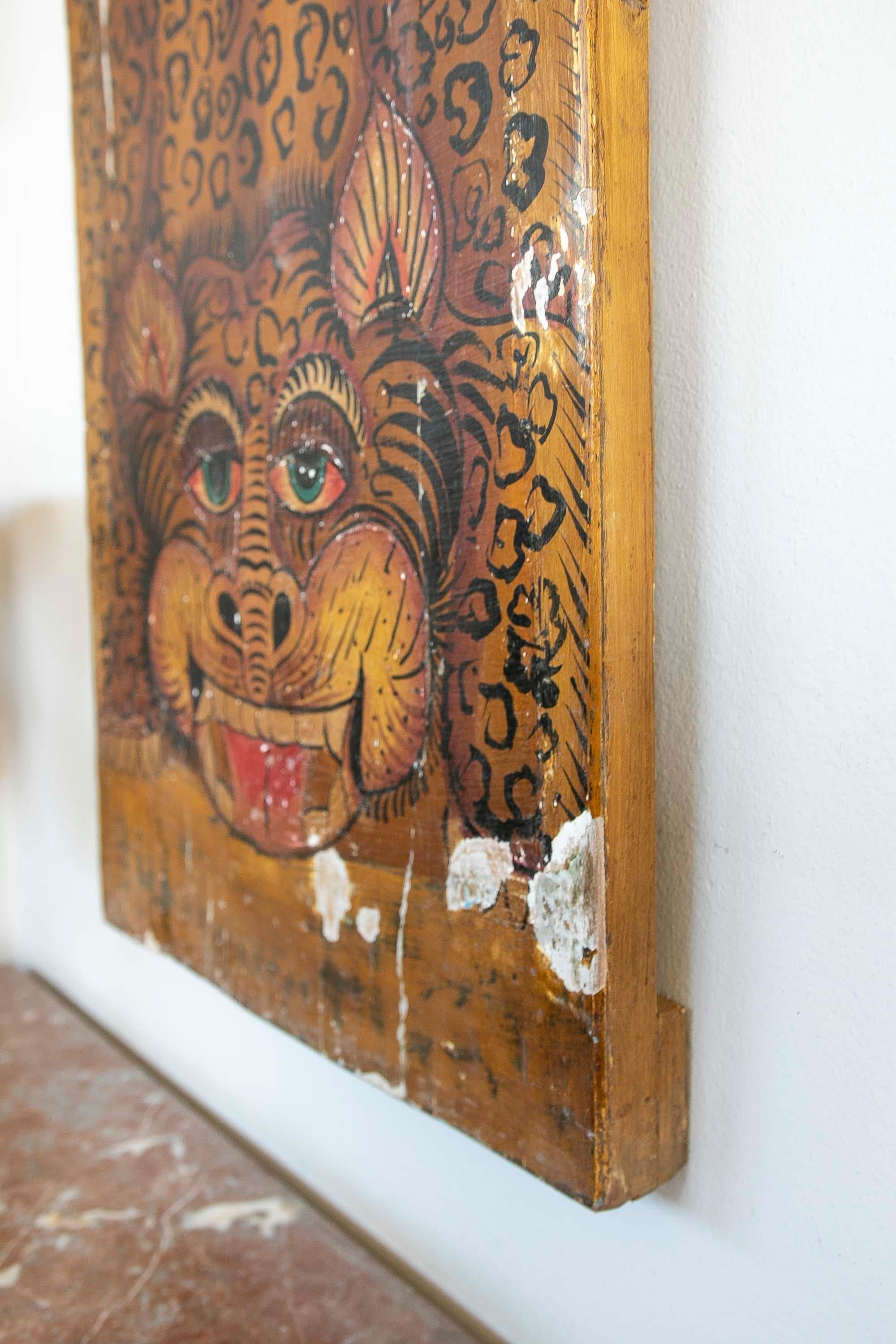 Wooden Board with Hand-Painted Tiger Decoration  For Sale 8