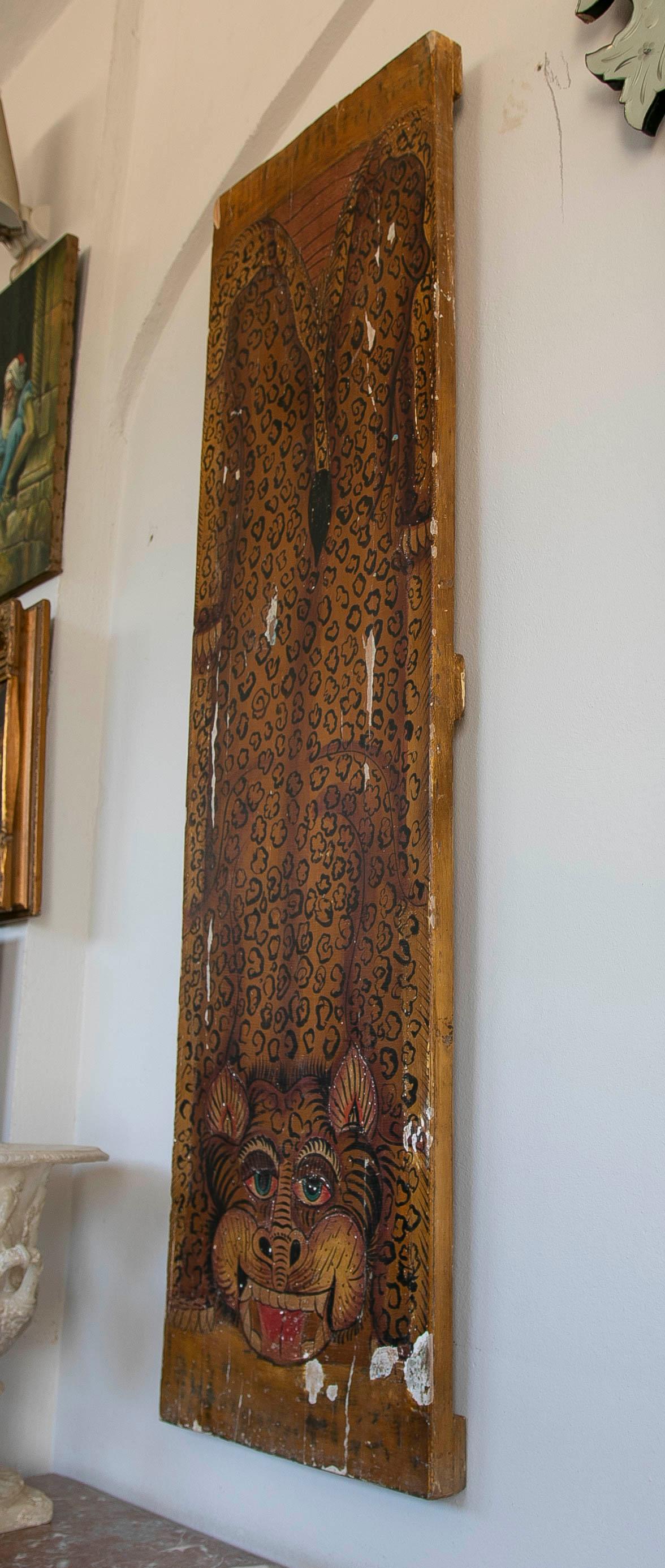 Indian Wooden Board with Hand-Painted Tiger Decoration  For Sale