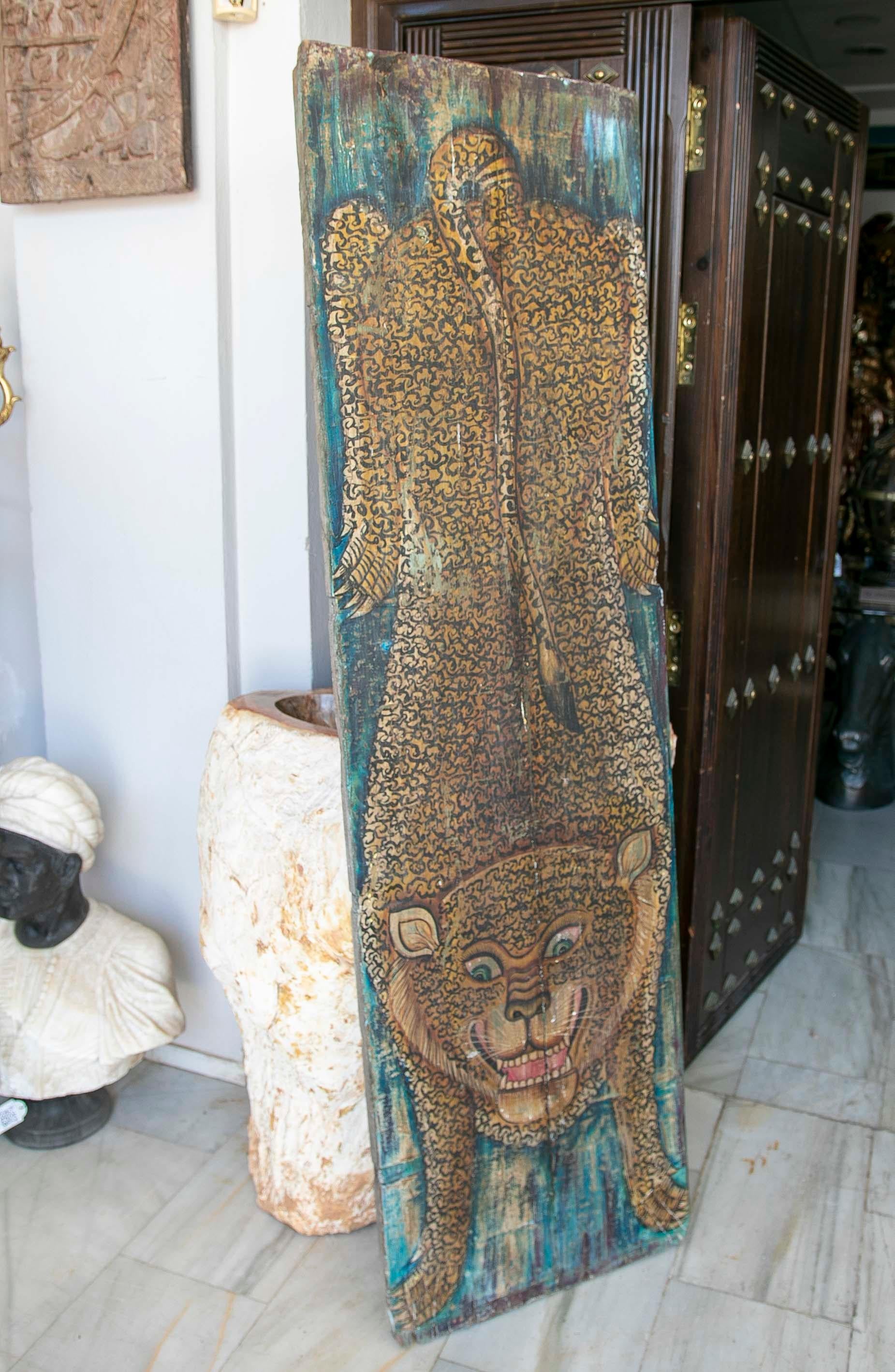 Indian Wooden Board with Hand-Painted Tiger Decoration  For Sale